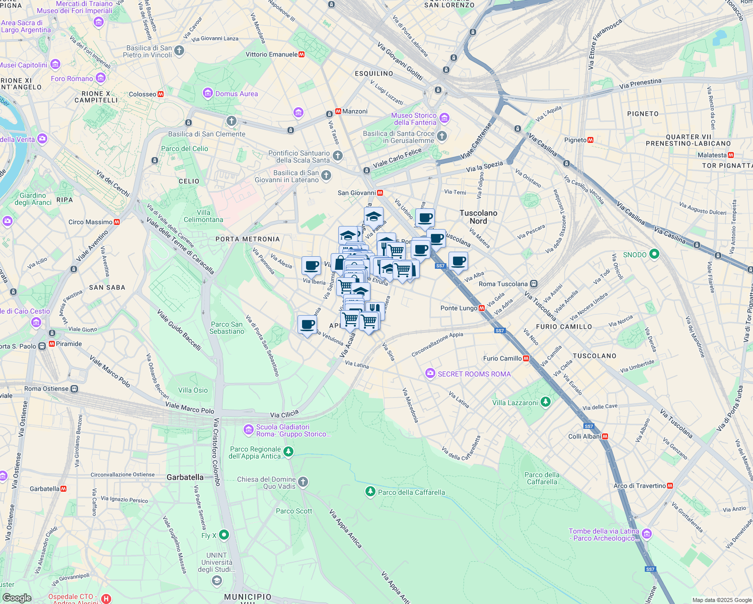 map of restaurants, bars, coffee shops, grocery stores, and more near 15 Via Dacia in Roma
