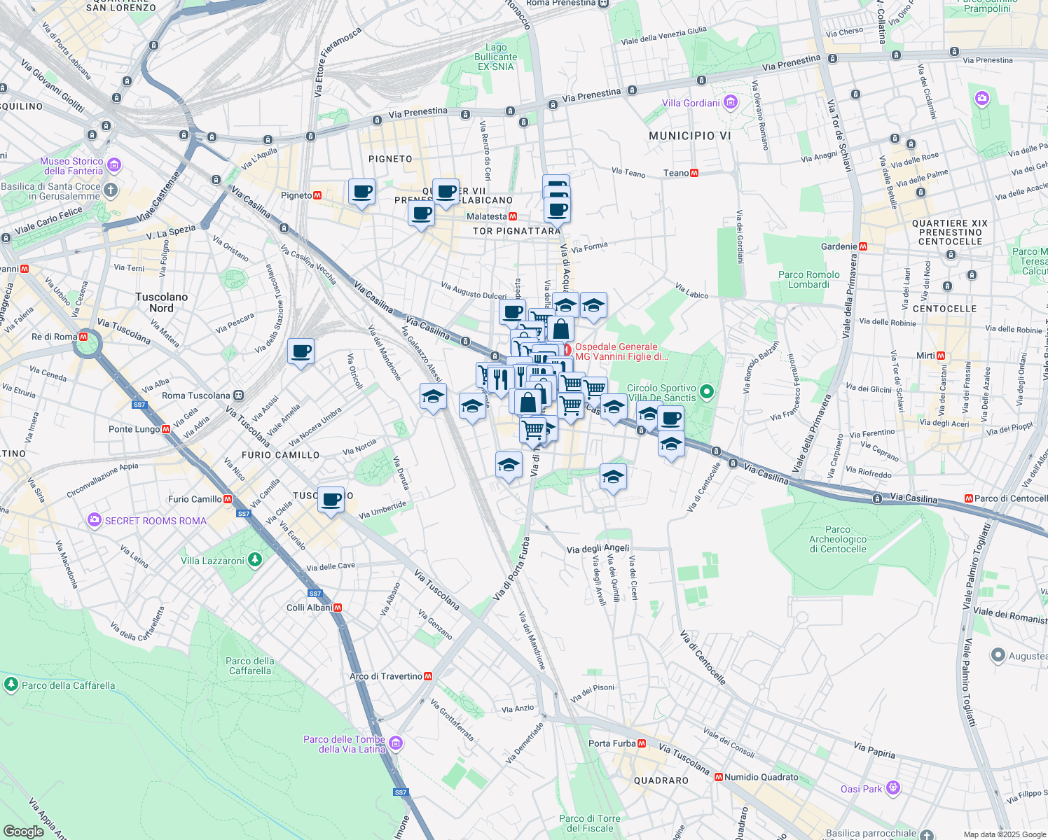 map of restaurants, bars, coffee shops, grocery stores, and more near 64 Via di Tor Pignattara in Rome