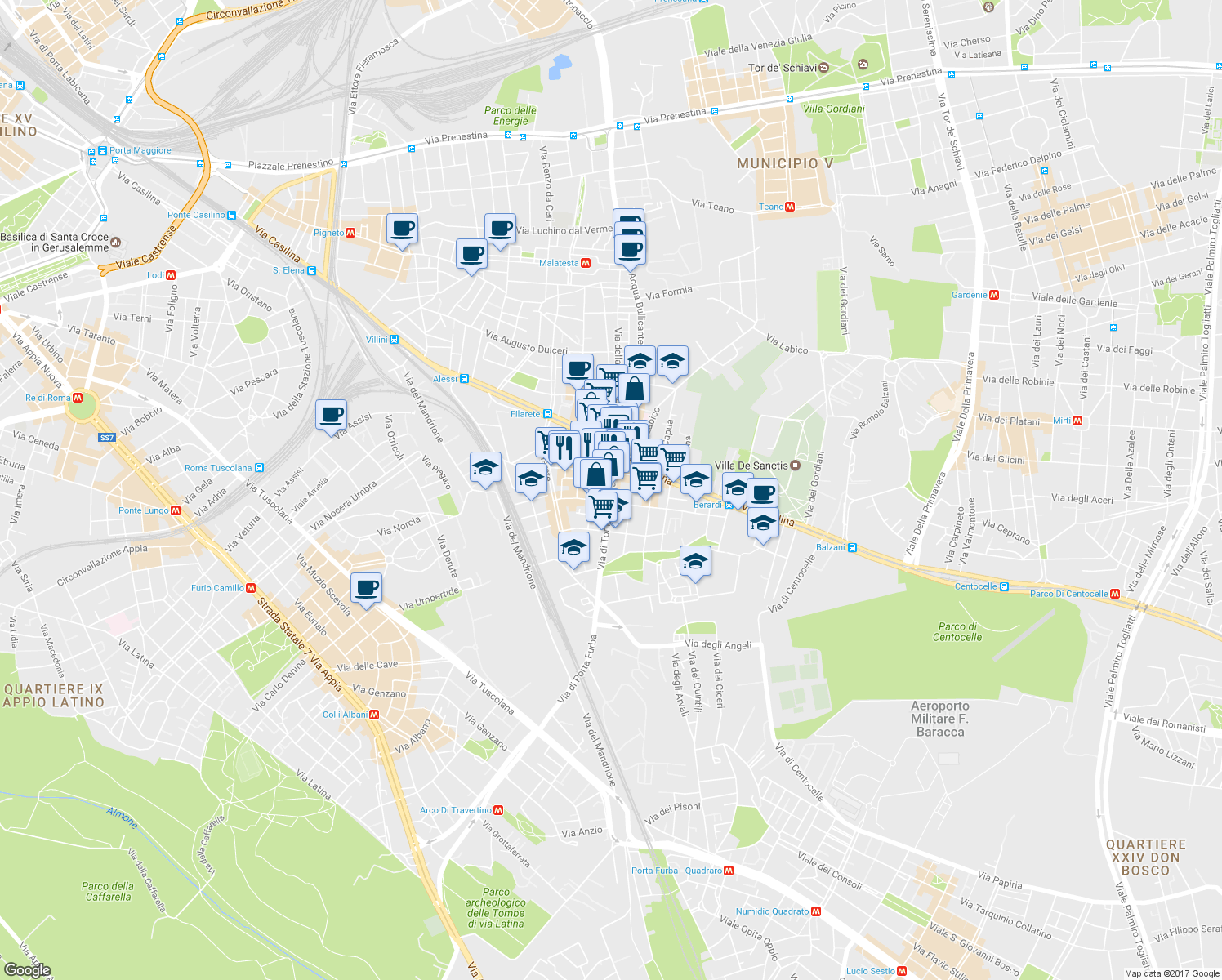 map of restaurants, bars, coffee shops, grocery stores, and more near 64 Via di Tor Pignattara in Rome