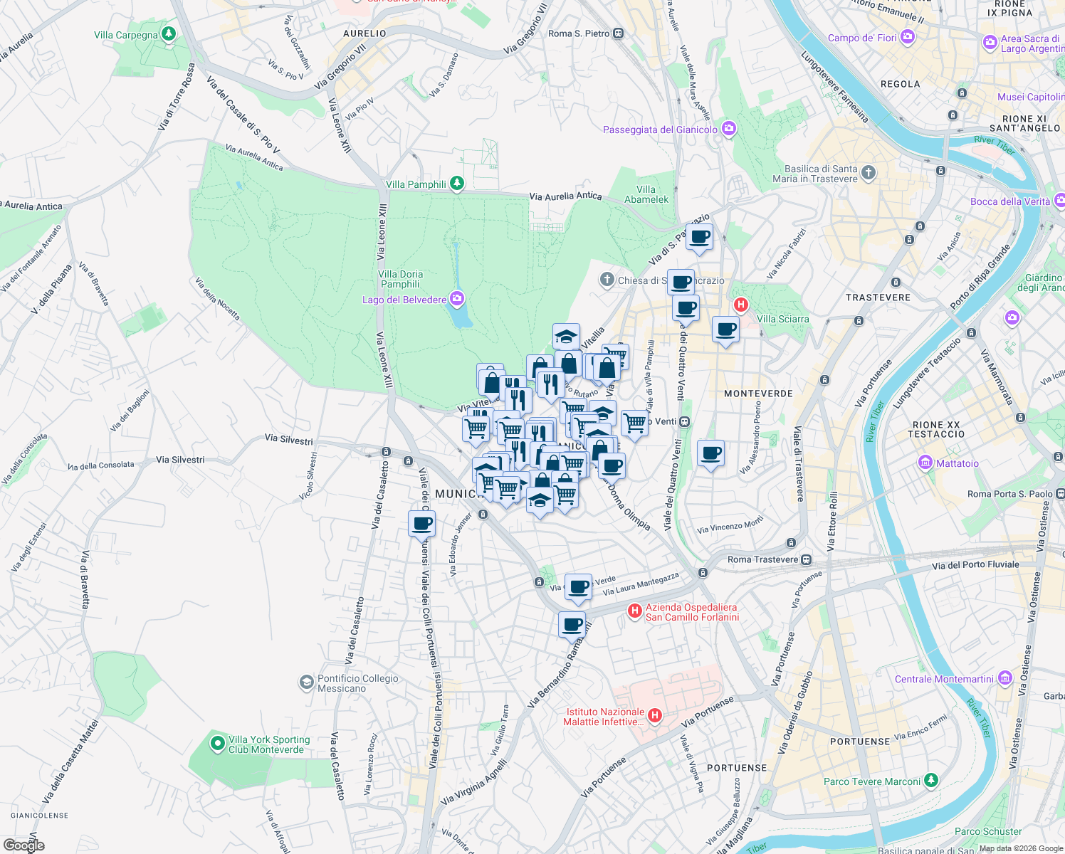 map of restaurants, bars, coffee shops, grocery stores, and more near 21-23 Via Raffaele Paolucci in Rome