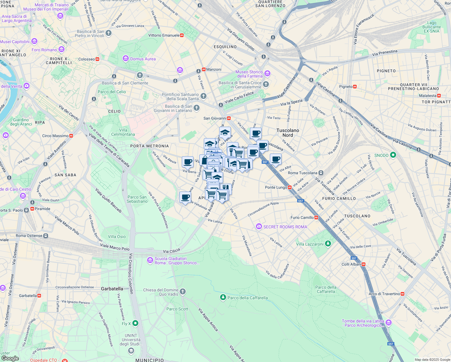 map of restaurants, bars, coffee shops, grocery stores, and more near 15 Via Dacia in Roma