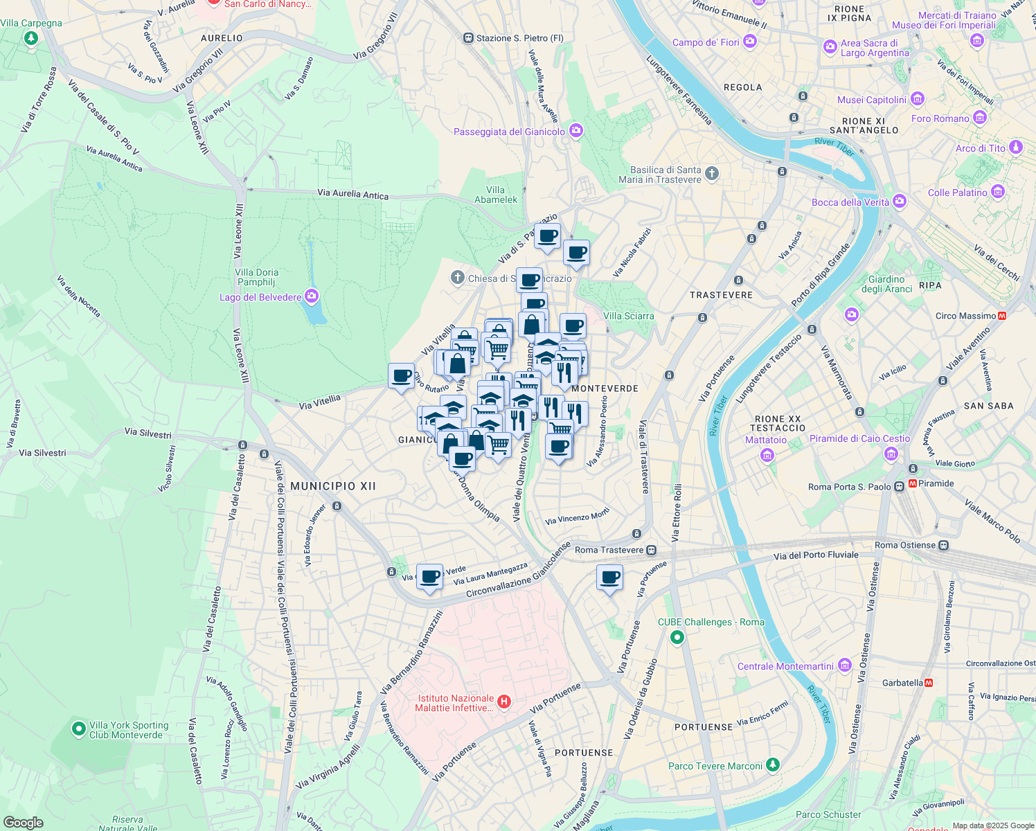 map of restaurants, bars, coffee shops, grocery stores, and more near 20 Via di San Calepodio in Rome
