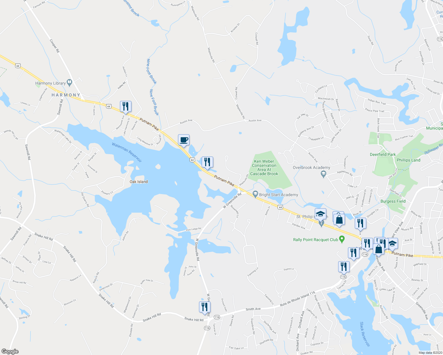 map of restaurants, bars, coffee shops, grocery stores, and more near 733 Putnam Pike in Smithfield