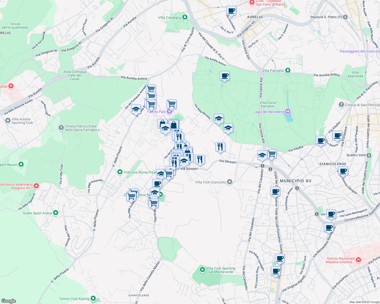map of restaurants, bars, coffee shops, grocery stores, and more near 75 Via Antonio Sogliano in Roma