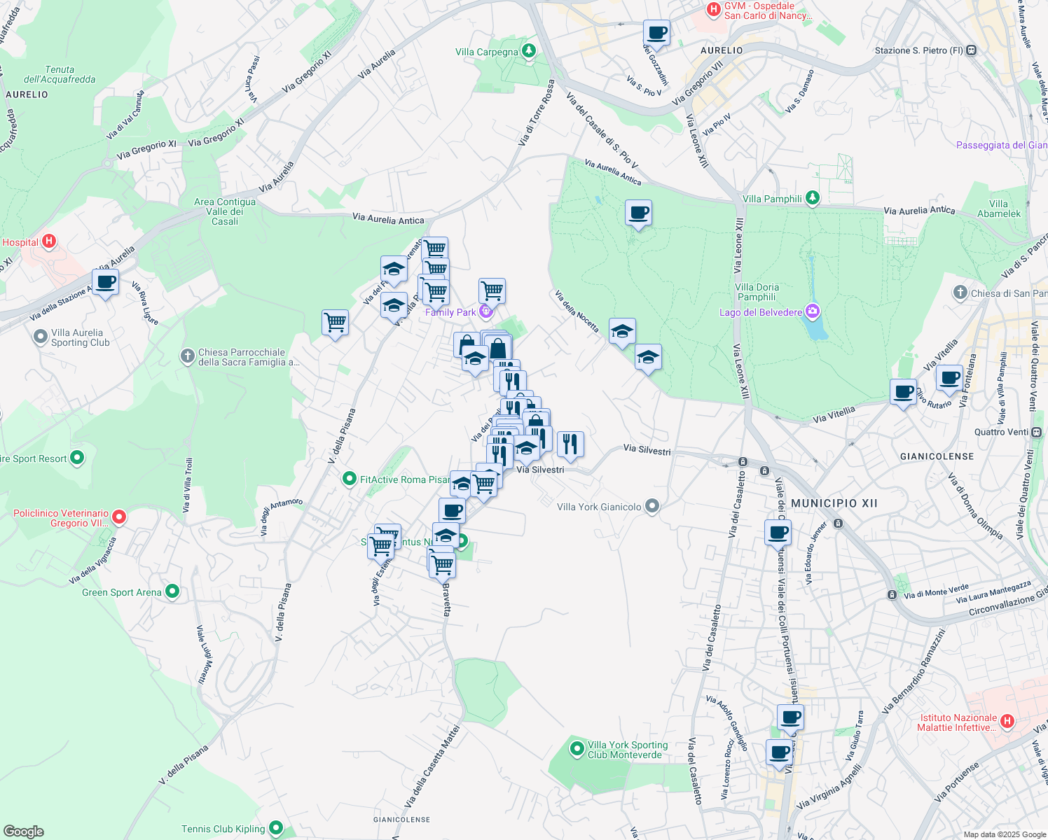 map of restaurants, bars, coffee shops, grocery stores, and more near 75-133 Via Antonio Sogliano in Rome