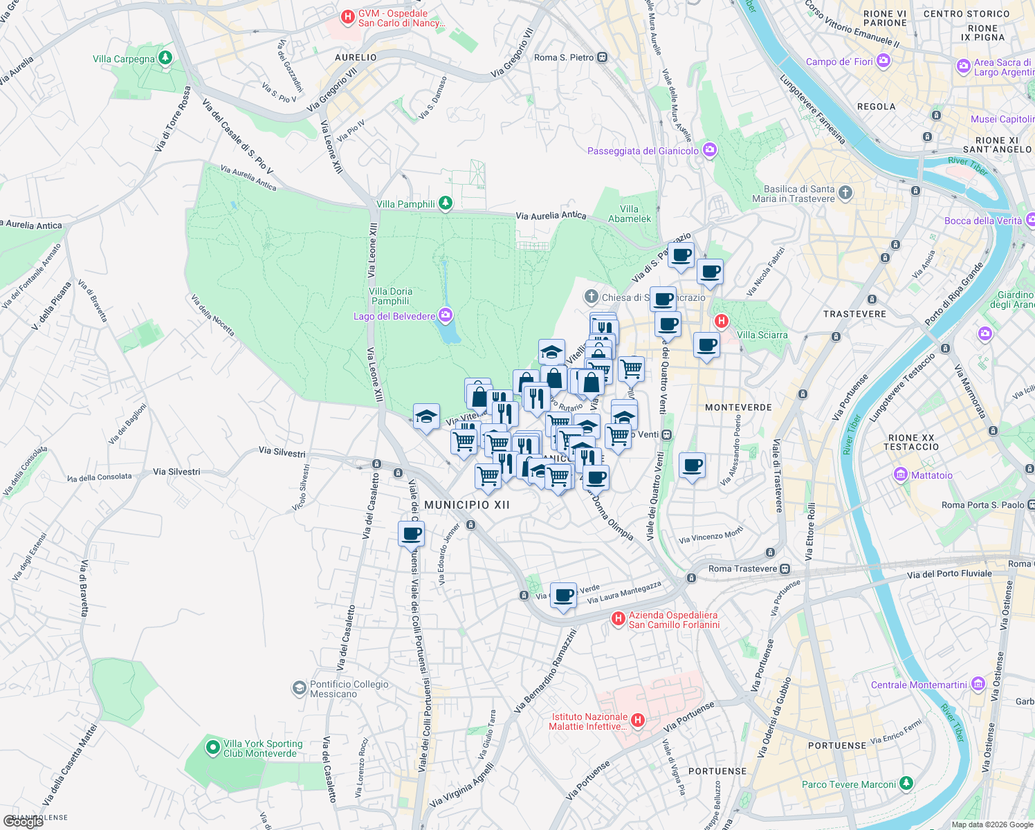 map of restaurants, bars, coffee shops, grocery stores, and more near 25 Via Pio Foà in Rome