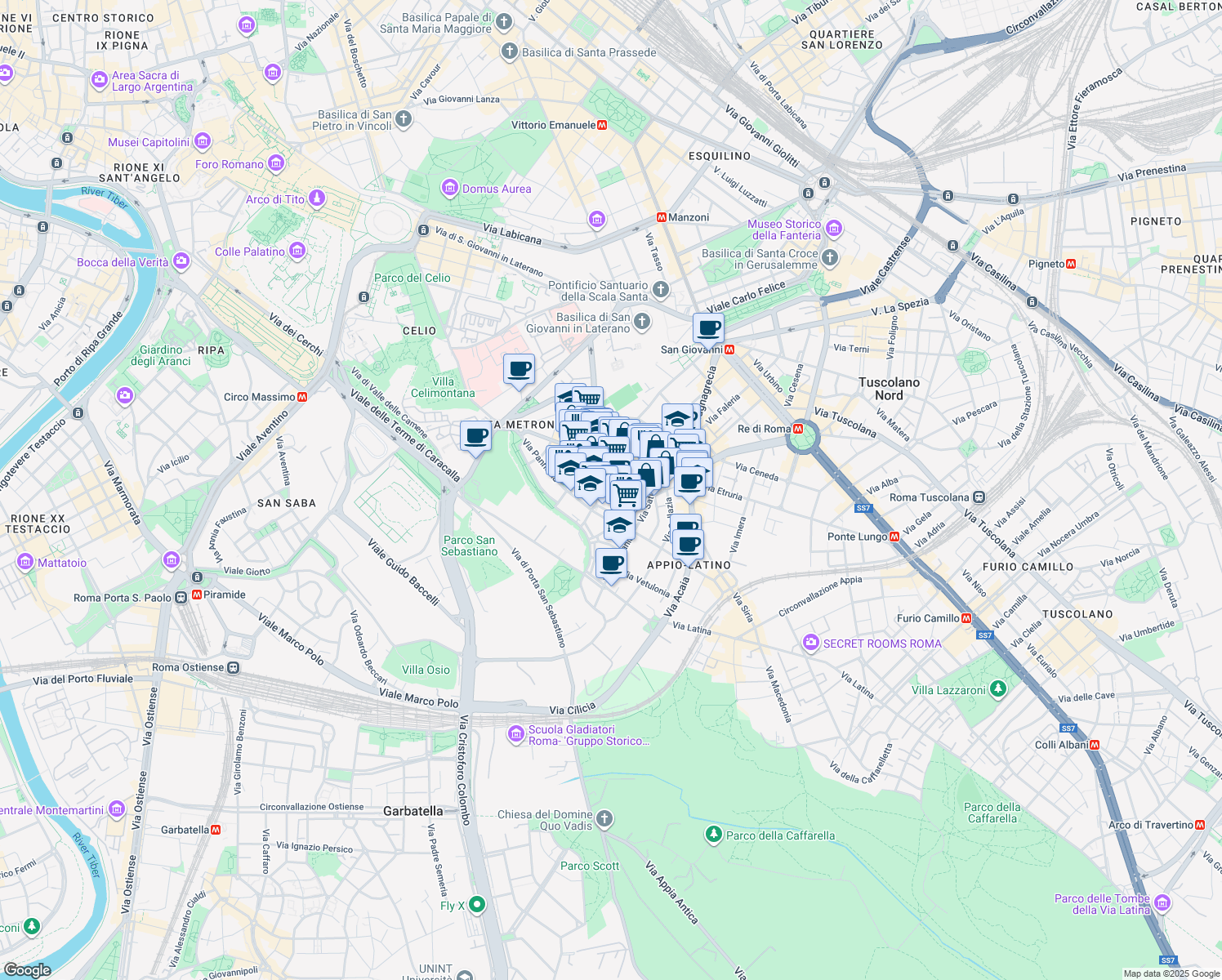 map of restaurants, bars, coffee shops, grocery stores, and more near 58 Via Iberia in Roma