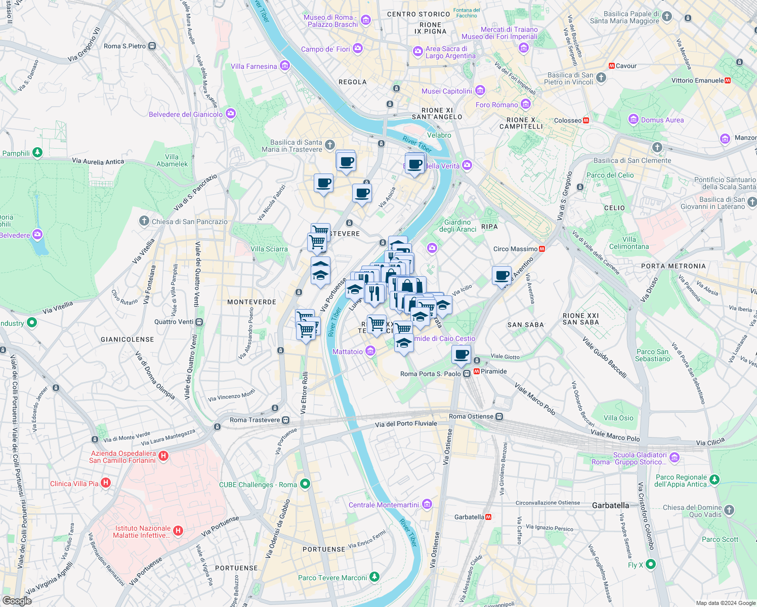 map of restaurants, bars, coffee shops, grocery stores, and more near 36 Via Rubattino in Roma