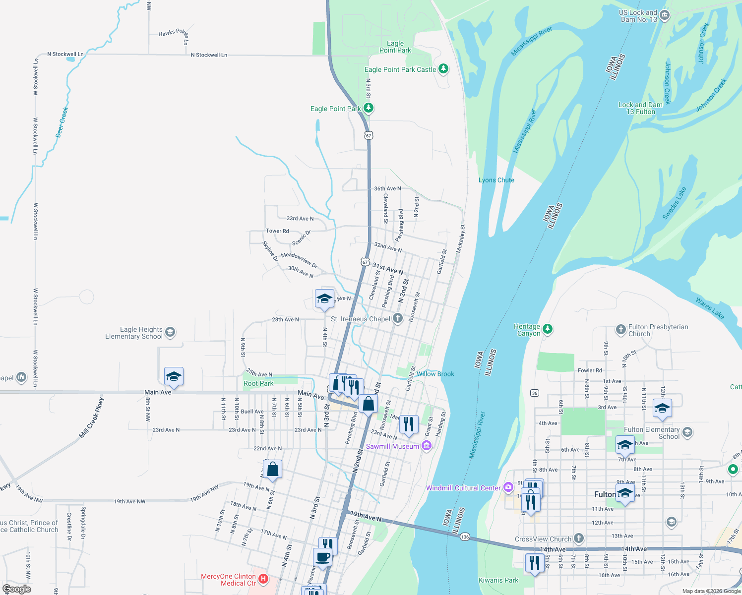 map of restaurants, bars, coffee shops, grocery stores, and more near 2912 Cleveland Street in Clinton