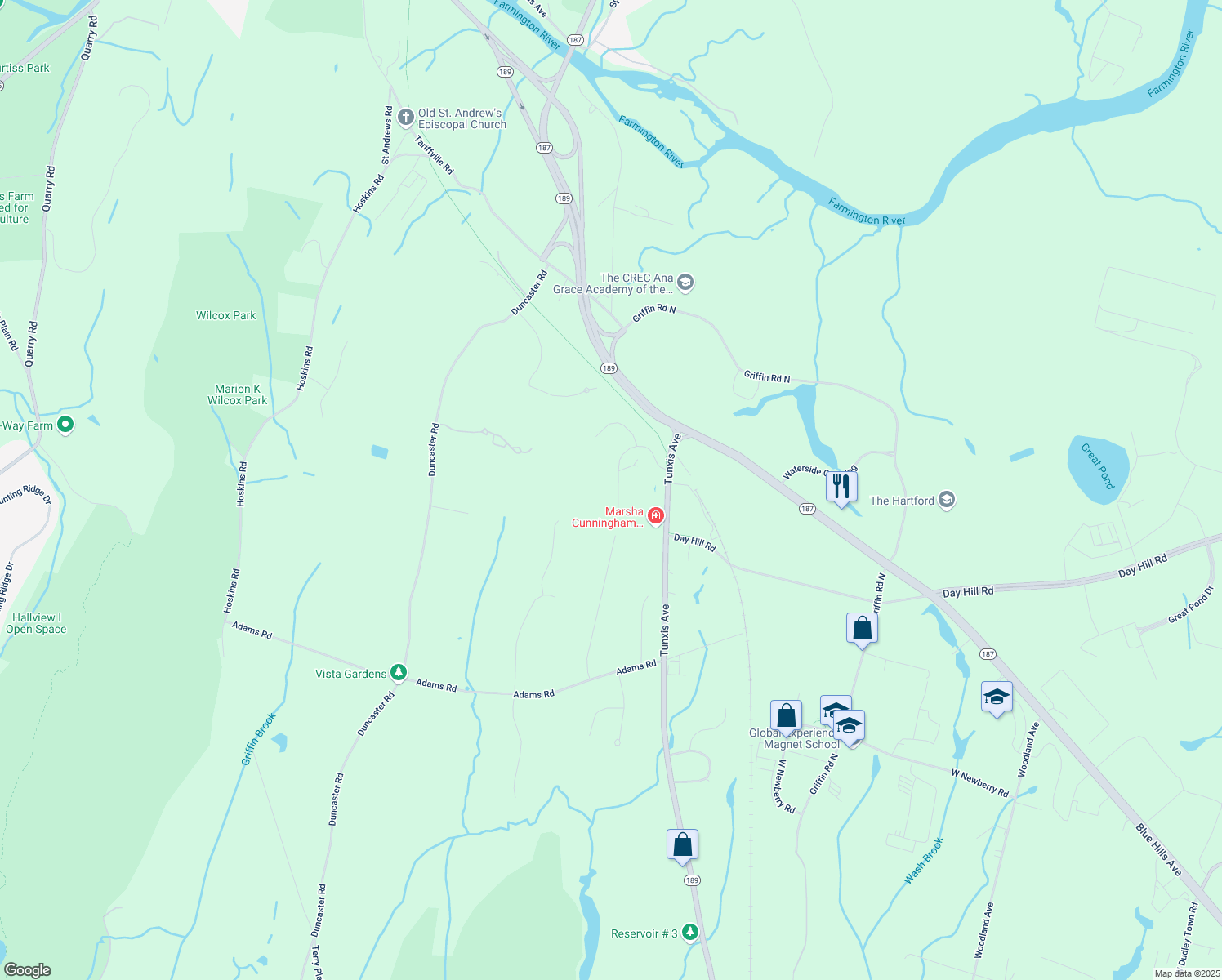 map of restaurants, bars, coffee shops, grocery stores, and more near 18 Beaudry Lane in Bloomfield