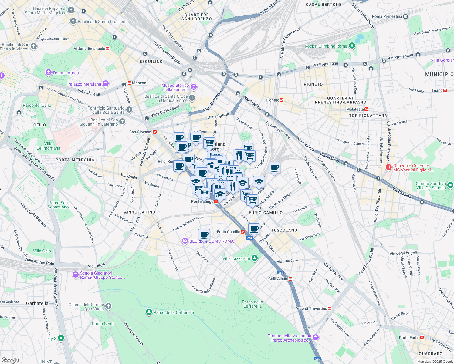 map of restaurants, bars, coffee shops, grocery stores, and more near 62 Via Alba in Roma