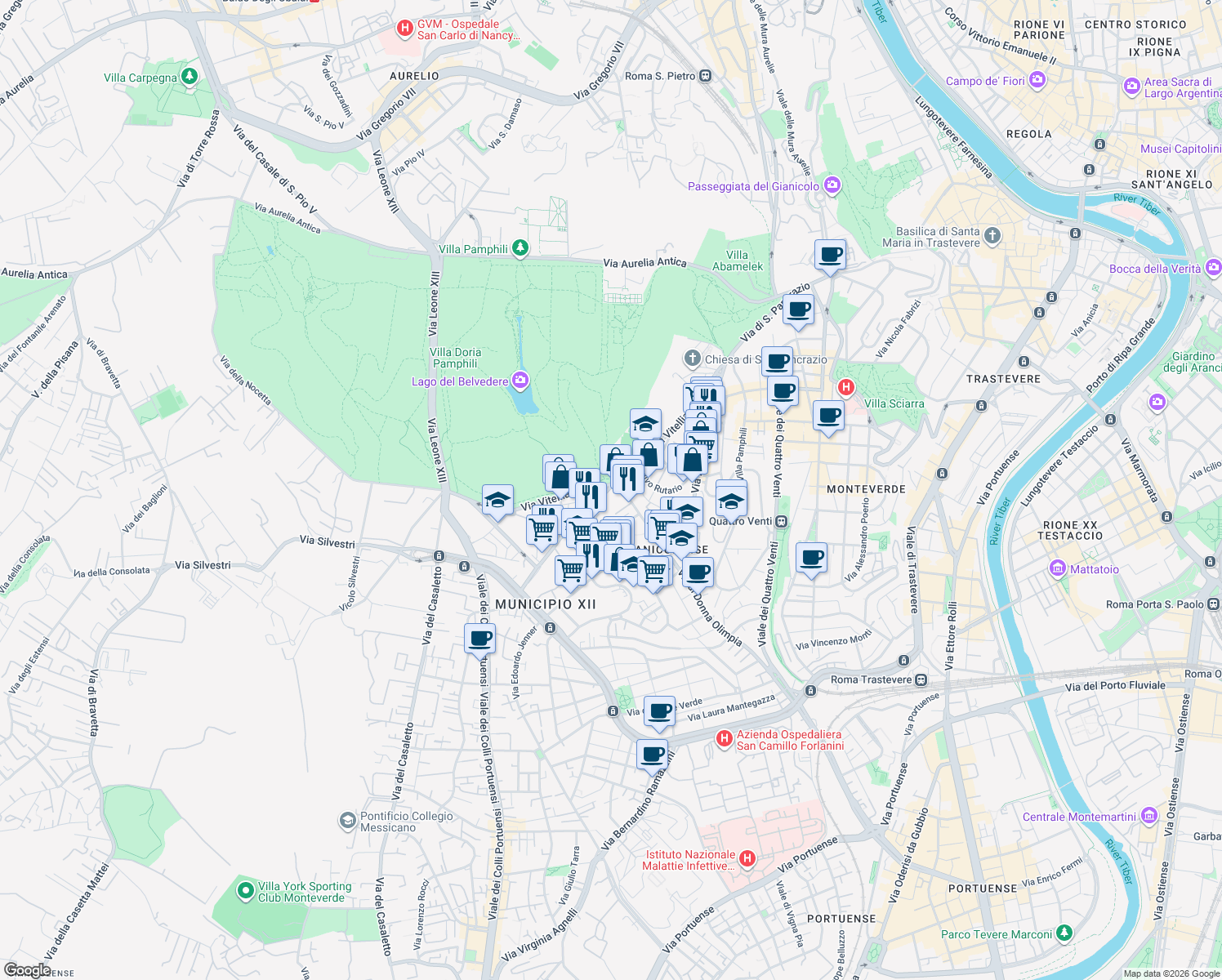 map of restaurants, bars, coffee shops, grocery stores, and more near 25 Via Pio Foà in Roma