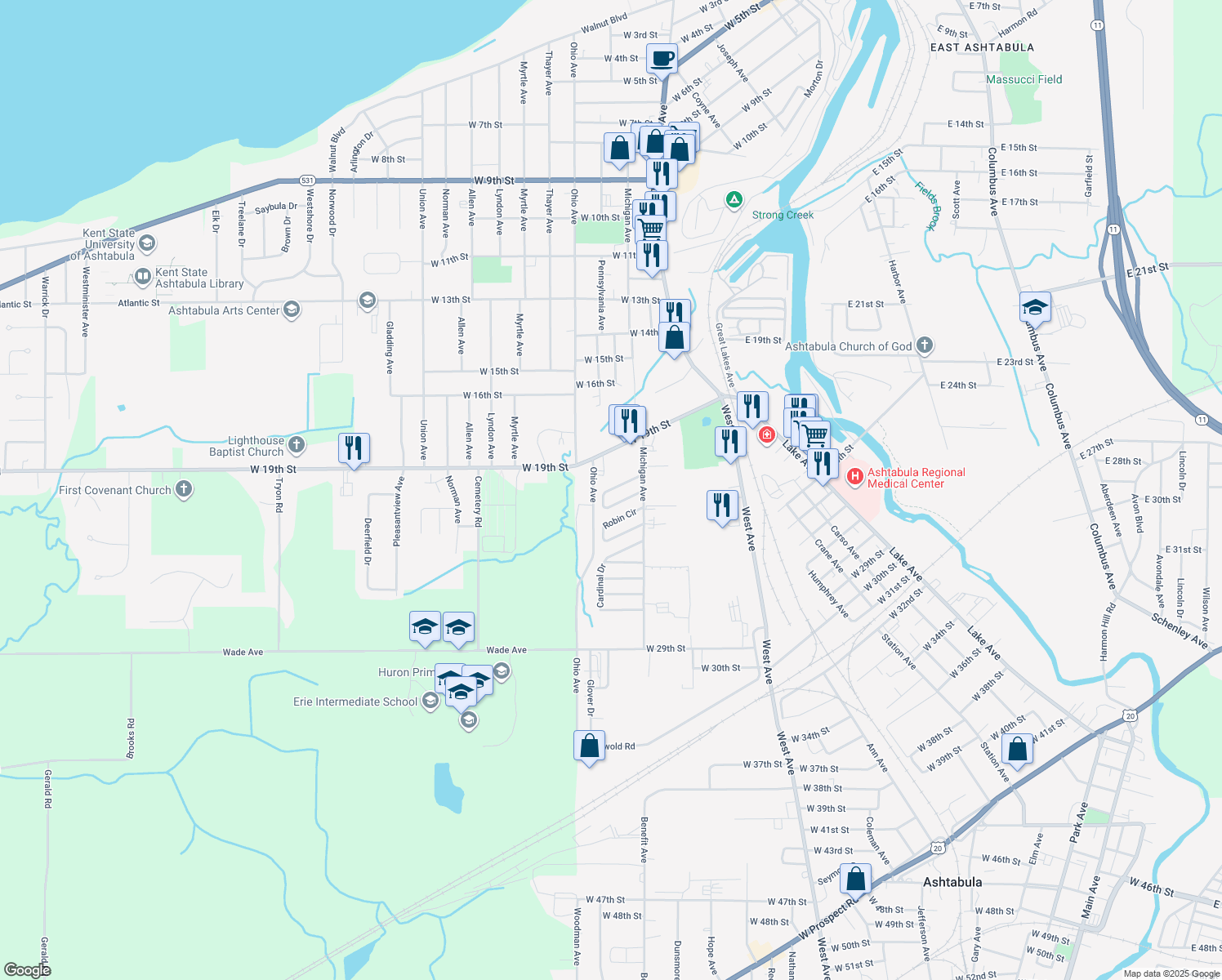 map of restaurants, bars, coffee shops, grocery stores, and more near 1739 Blue Jay Cir in Ashtabula