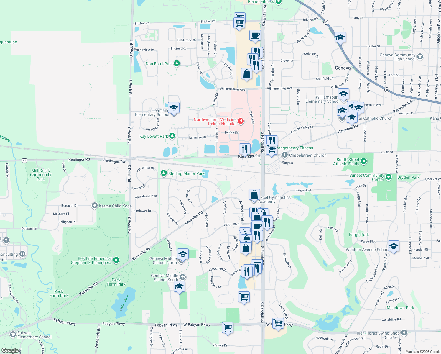 map of restaurants, bars, coffee shops, grocery stores, and more near 2522 Heritage Court in Geneva