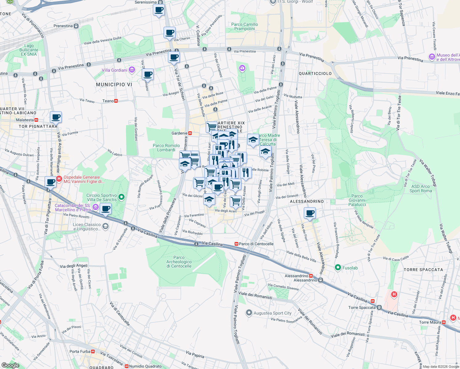 map of restaurants, bars, coffee shops, grocery stores, and more near 28 Piazza dei Mirti in Roma