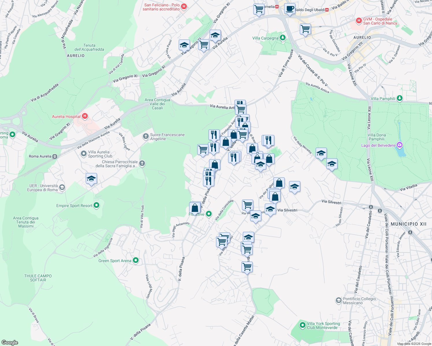 map of restaurants, bars, coffee shops, grocery stores, and more near 158 Via della Pisana in Rome