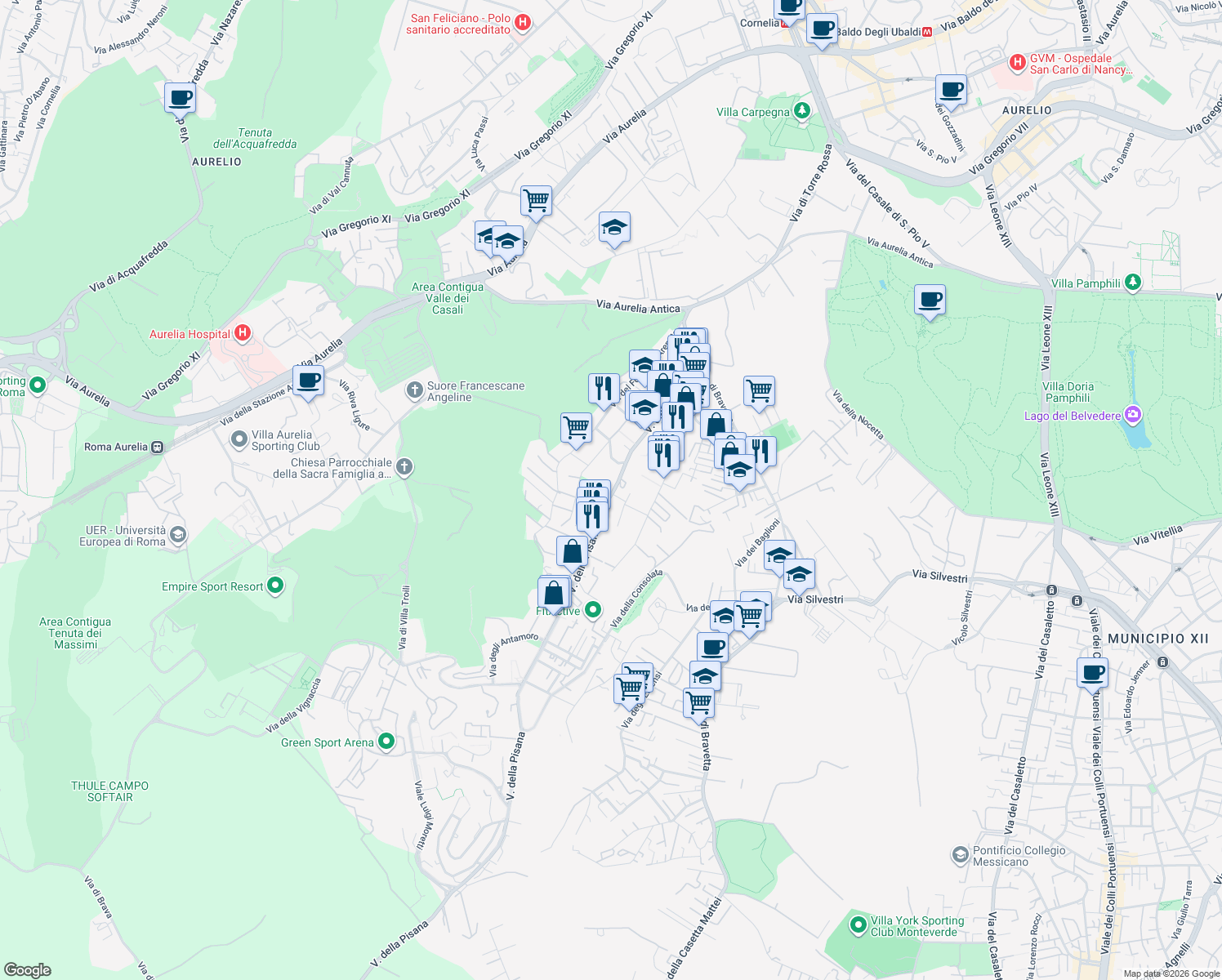 map of restaurants, bars, coffee shops, grocery stores, and more near 158 Via della Pisana in Rome