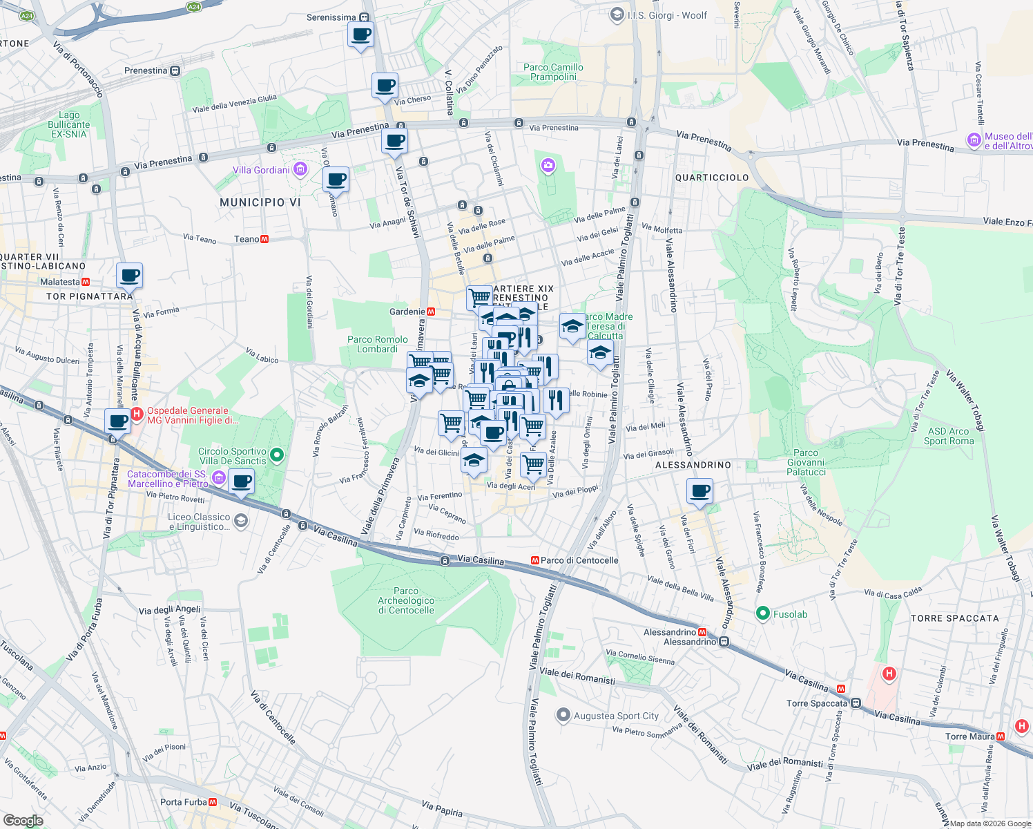 map of restaurants, bars, coffee shops, grocery stores, and more near 28 Piazza dei Mirti in Roma