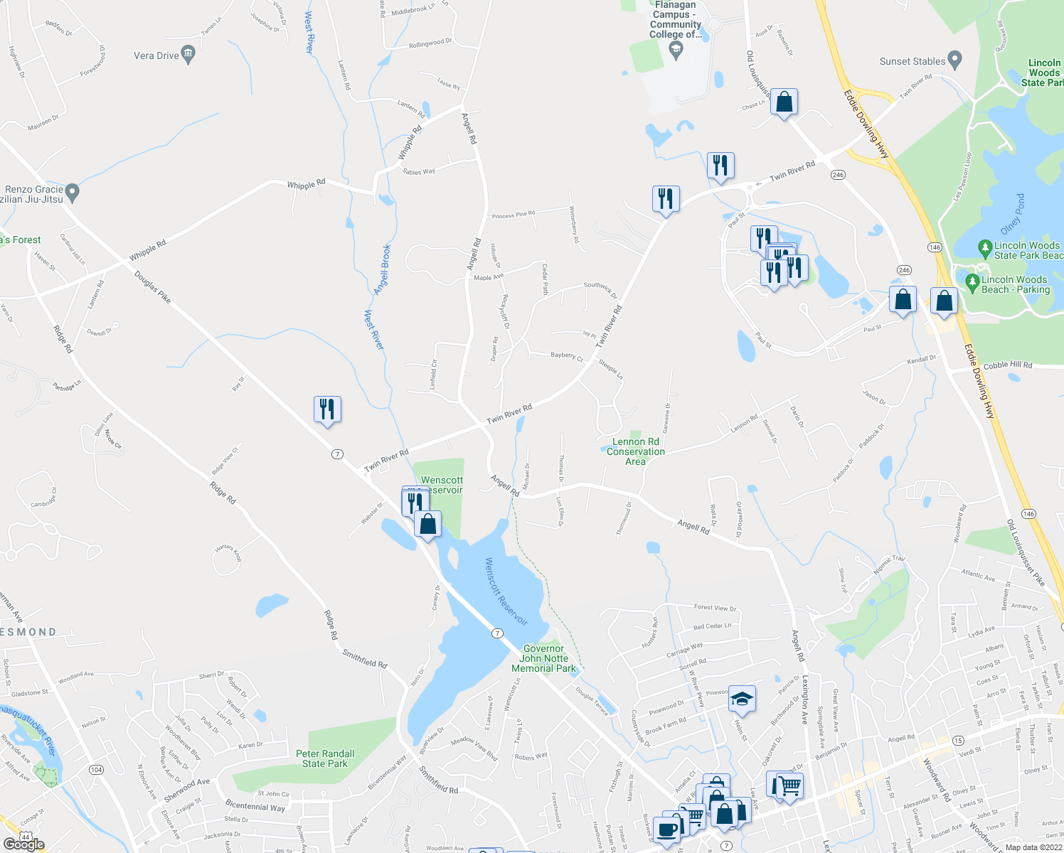map of restaurants, bars, coffee shops, grocery stores, and more near 266 Twin River Rd in Lincoln
