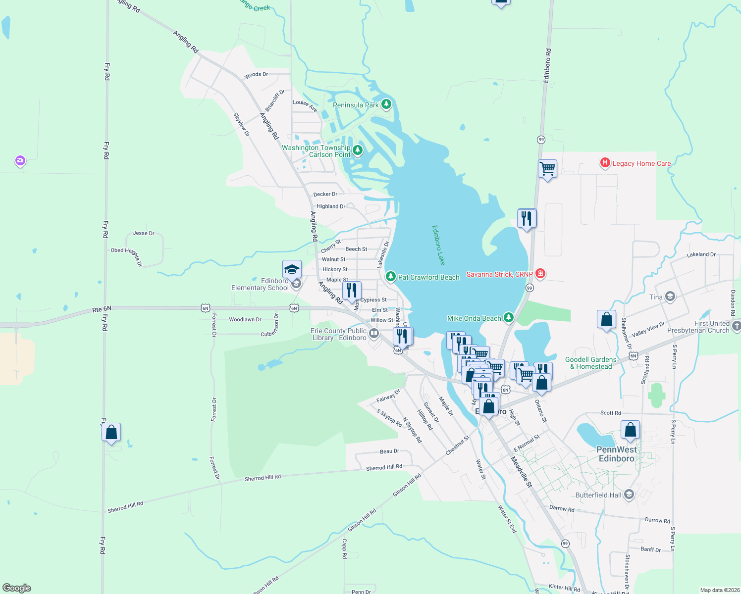 map of restaurants, bars, coffee shops, grocery stores, and more near 202 Cypress St in Edinboro