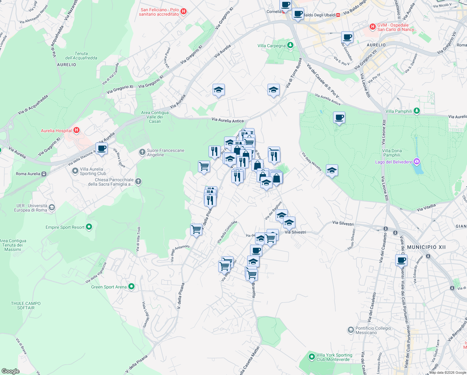 map of restaurants, bars, coffee shops, grocery stores, and more near 114 Via dei Gonzaga in Roma