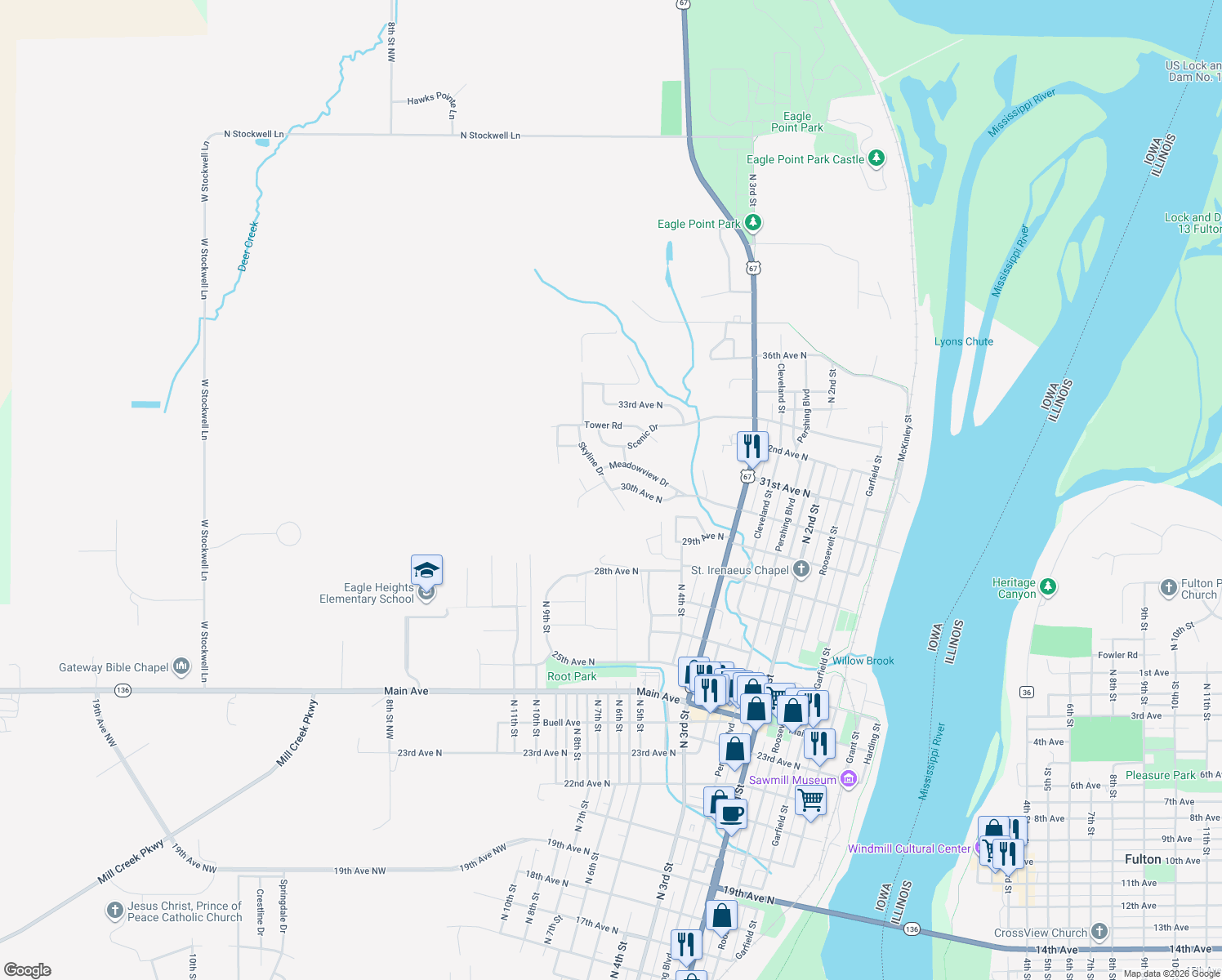 map of restaurants, bars, coffee shops, grocery stores, and more near 3012 Skyline Dr in Clinton