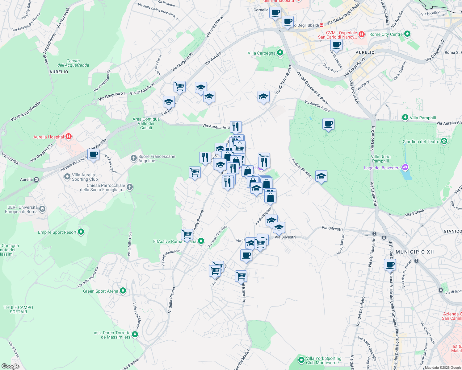 map of restaurants, bars, coffee shops, grocery stores, and more near 87-93 Via dei Gonzaga in Rome