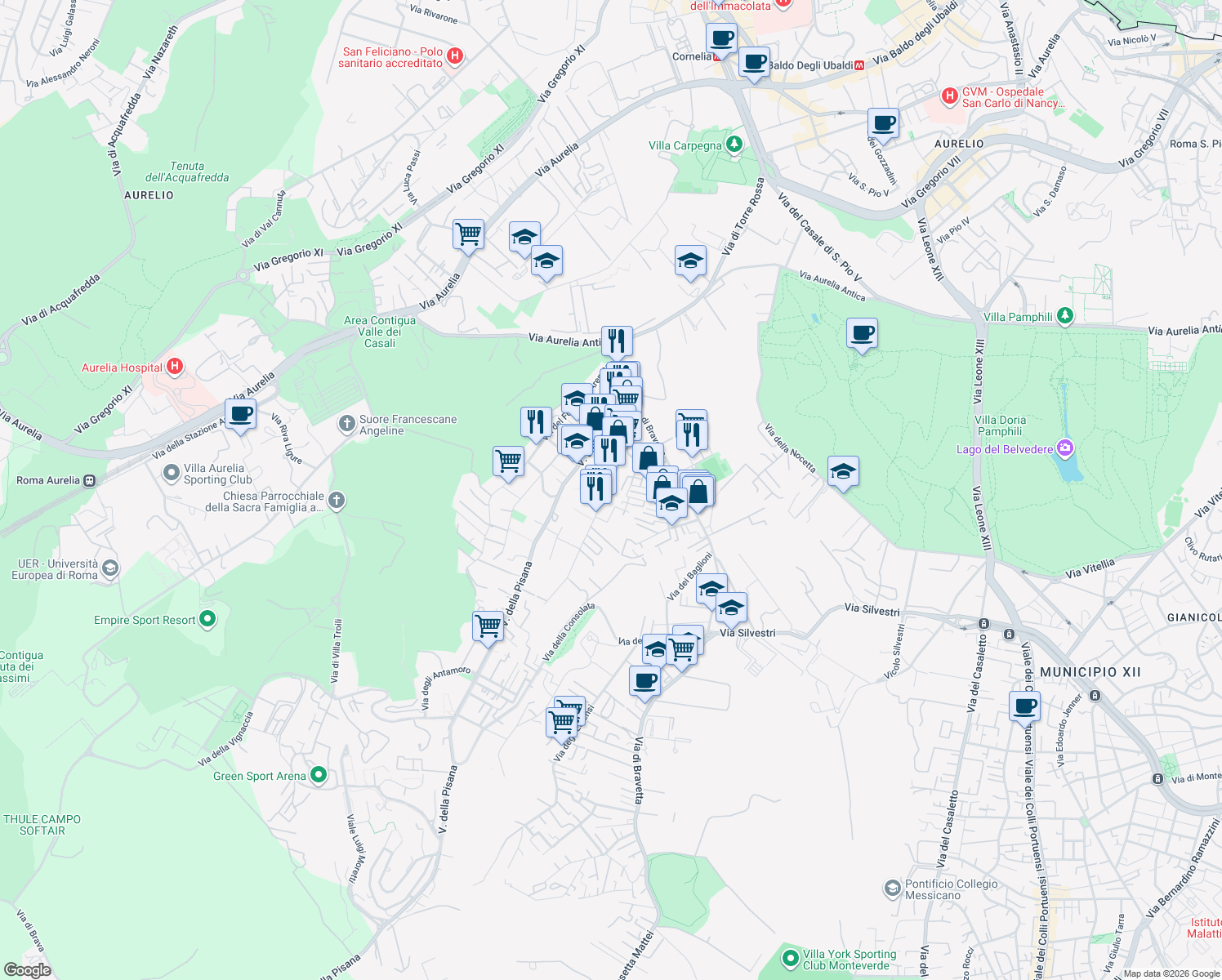 map of restaurants, bars, coffee shops, grocery stores, and more near 87 Via dei Gonzaga in Roma