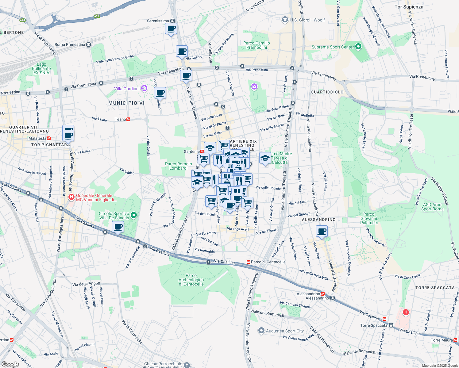 map of restaurants, bars, coffee shops, grocery stores, and more near 22 Via dei Noci in Roma