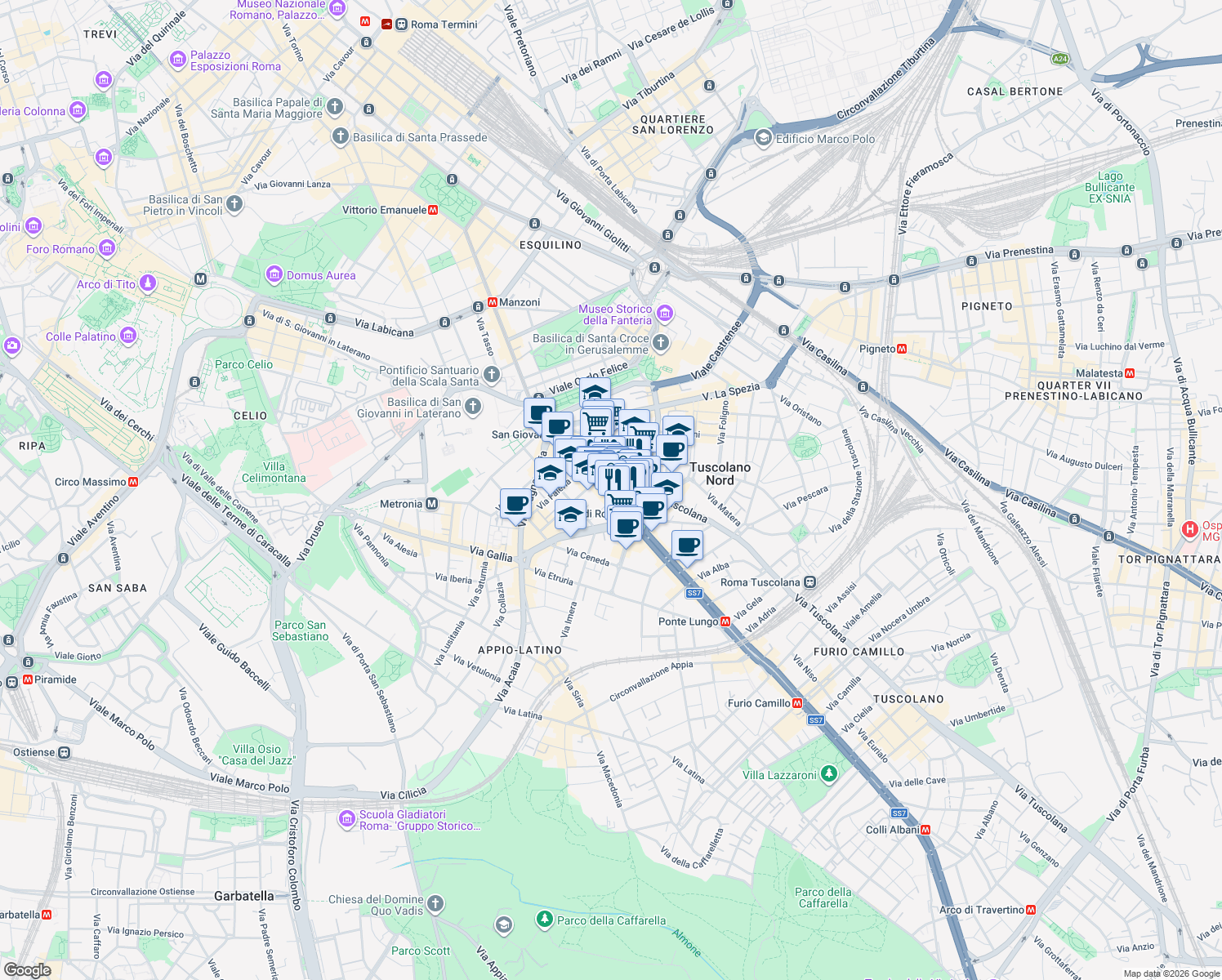 map of restaurants, bars, coffee shops, grocery stores, and more near 115b Via Appia Nuova in Roma