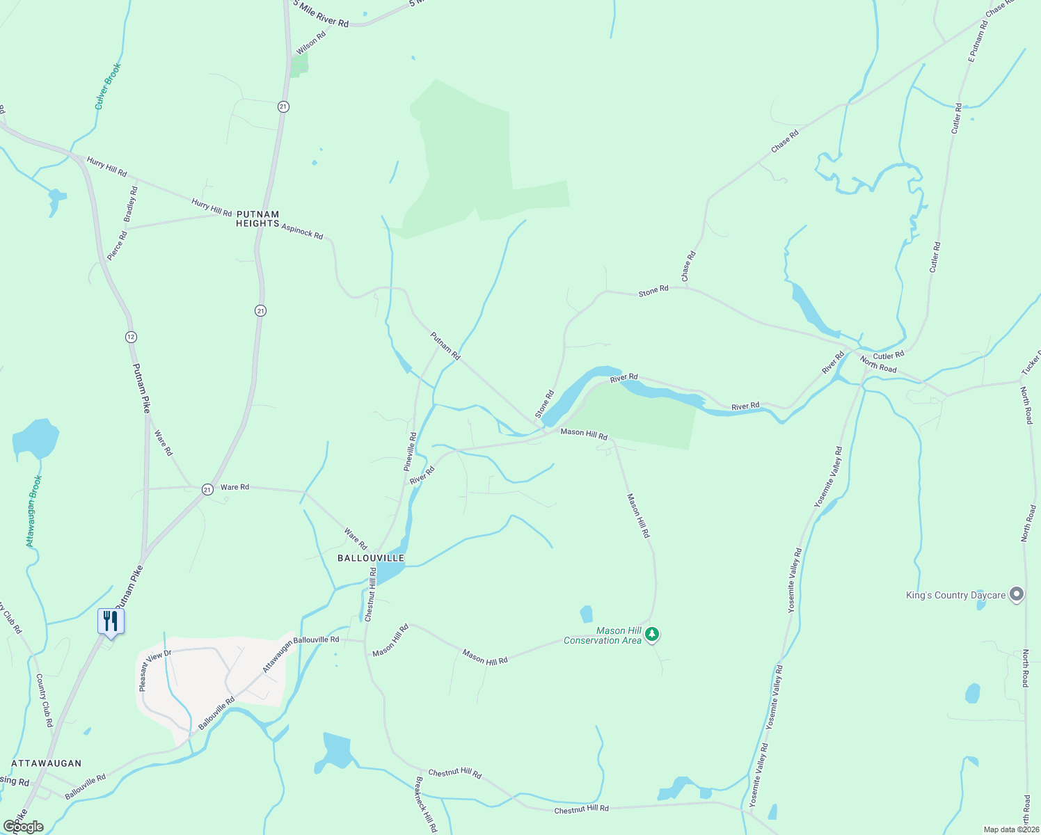 map of restaurants, bars, coffee shops, grocery stores, and more near 18 Putnam Road in Killingly