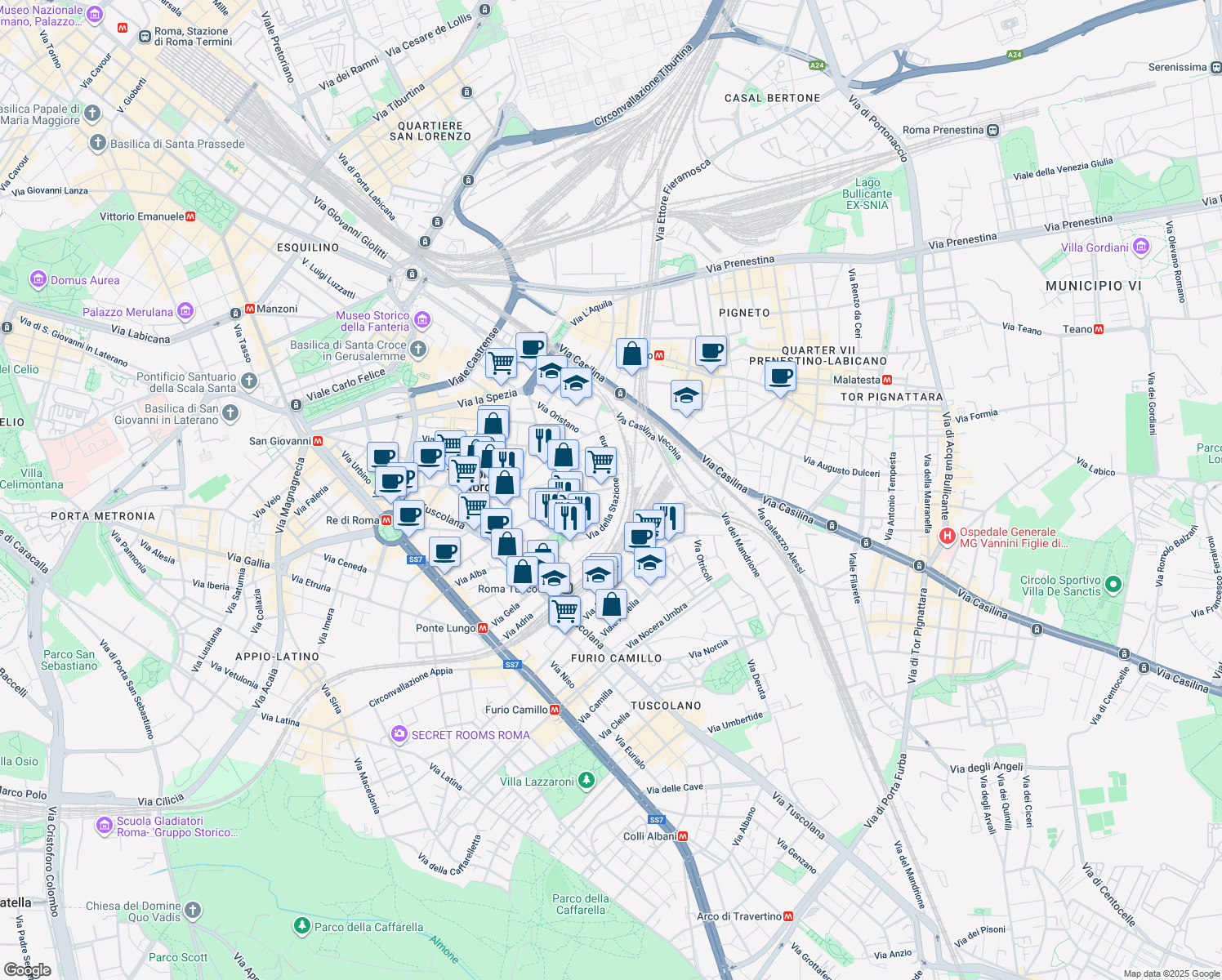 map of restaurants, bars, coffee shops, grocery stores, and more near 32 Via San Antonio Maria Gianelli in Roma