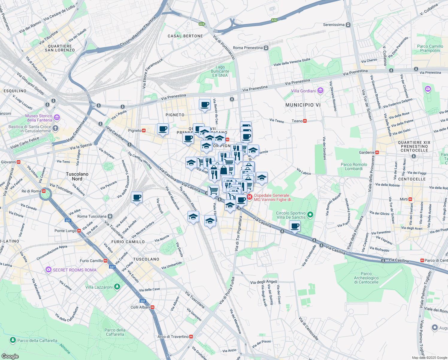 map of restaurants, bars, coffee shops, grocery stores, and more near 2 Piazza dei Geografi in Roma