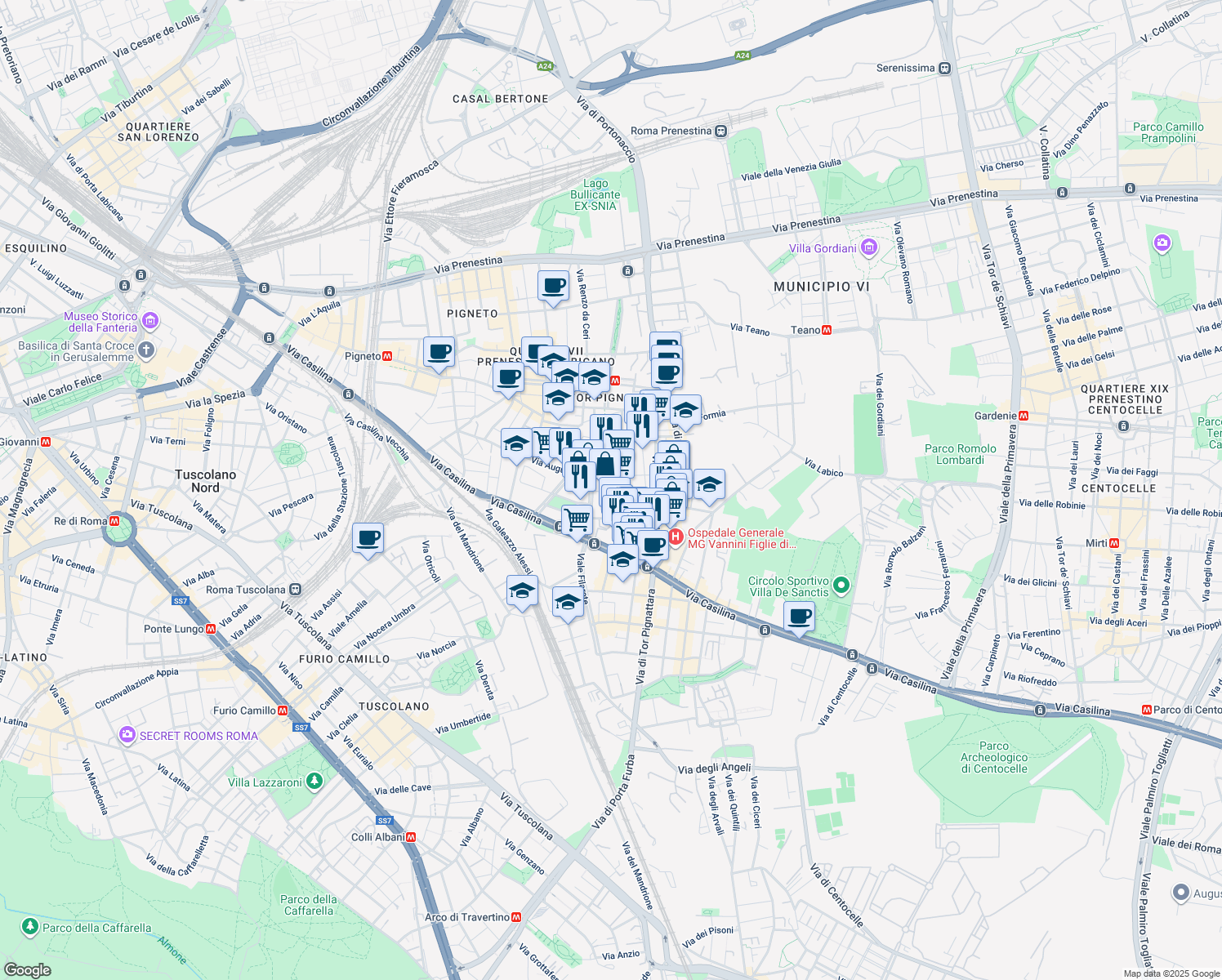 map of restaurants, bars, coffee shops, grocery stores, and more near 2 Piazza dei Geografi in Rome
