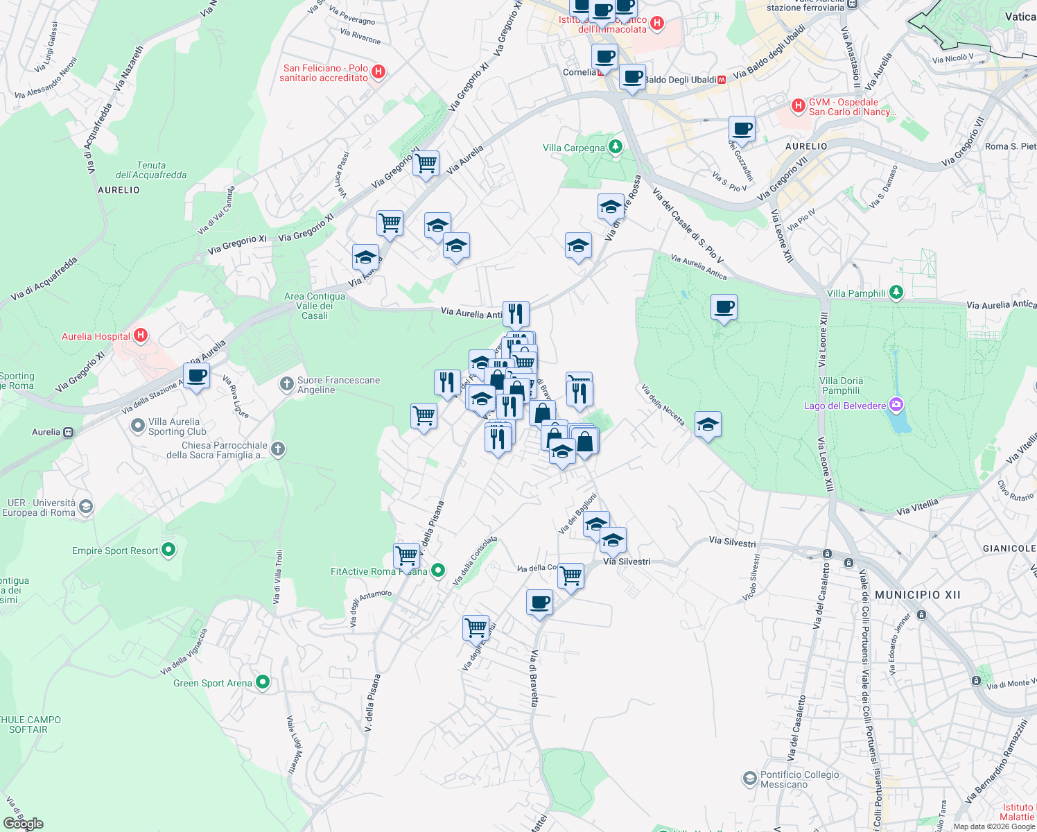 map of restaurants, bars, coffee shops, grocery stores, and more near 25b Via dei Gonzaga in Roma