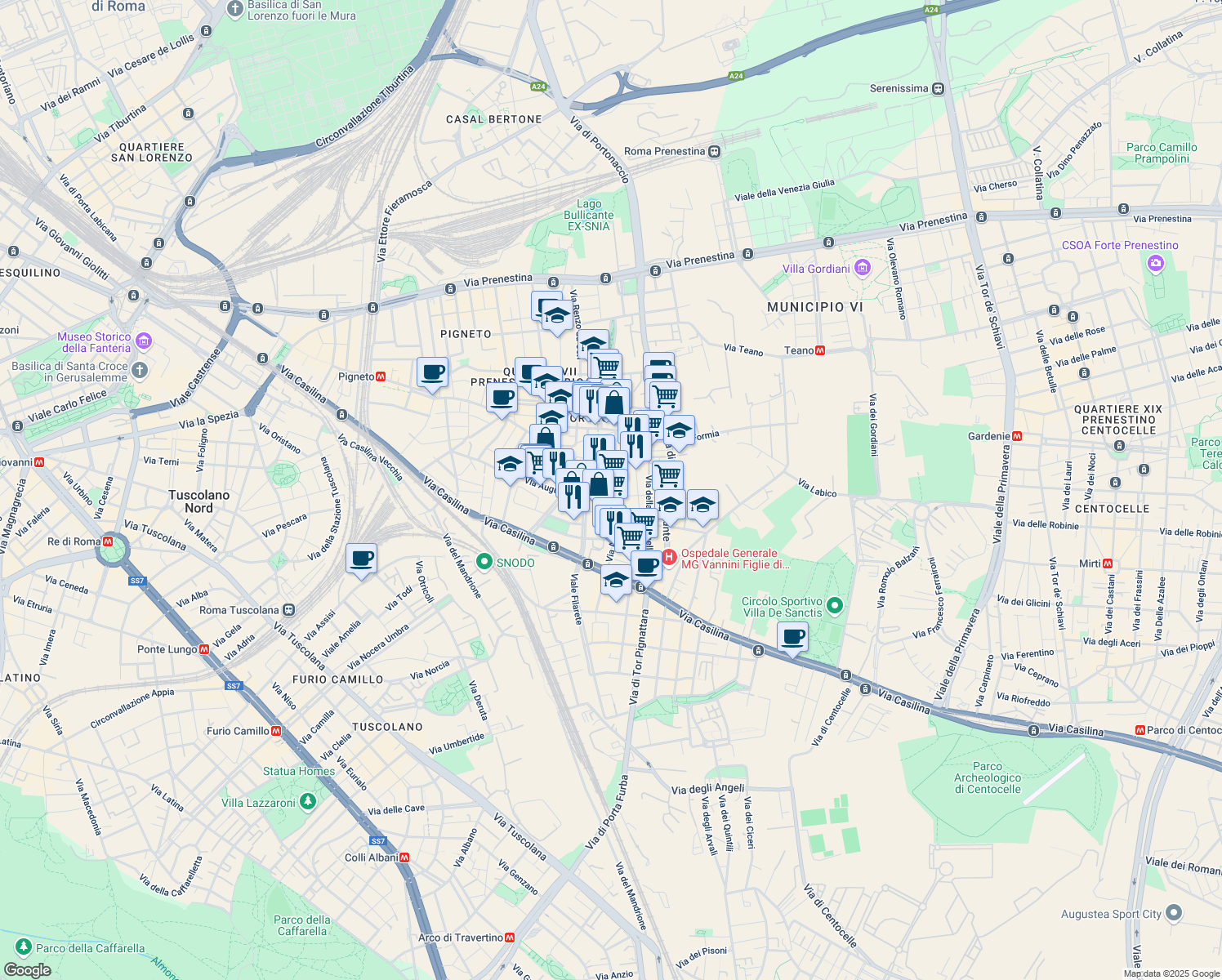 map of restaurants, bars, coffee shops, grocery stores, and more near 45 Via Attilio Zuccagni Orlandini in Roma
