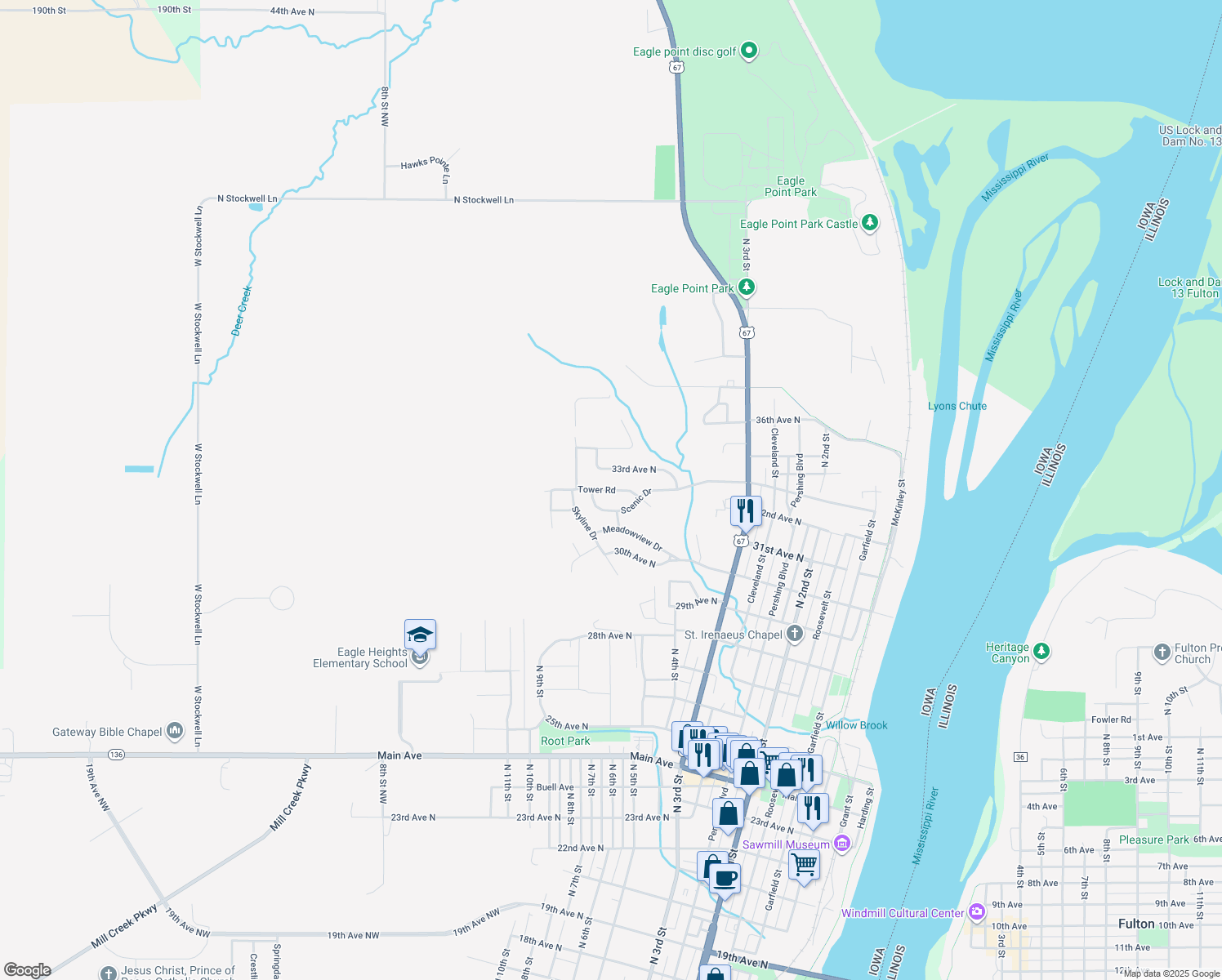 map of restaurants, bars, coffee shops, grocery stores, and more near 608 Tower Road in Clinton