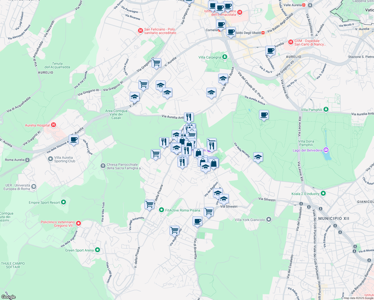 map of restaurants, bars, coffee shops, grocery stores, and more near 25b Via dei Gonzaga in Roma