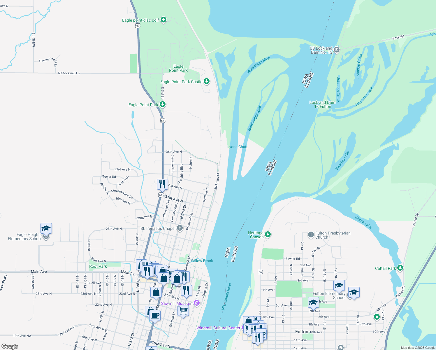 map of restaurants, bars, coffee shops, grocery stores, and more near 3560 McKinley St in Clinton