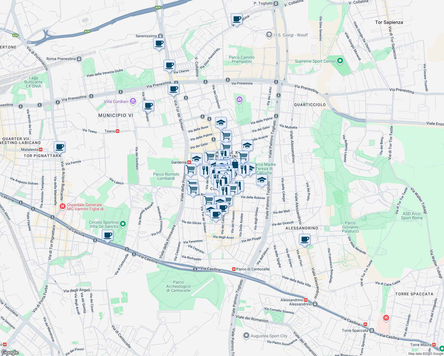 map of restaurants, bars, coffee shops, grocery stores, and more near 142 Via dei Castani in Rome