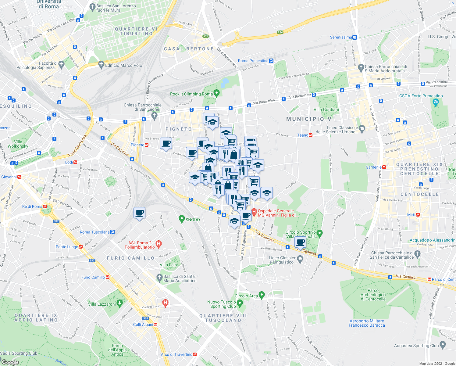 map of restaurants, bars, coffee shops, grocery stores, and more near 45 Via Attilio Zuccagni Orlandini in Roma