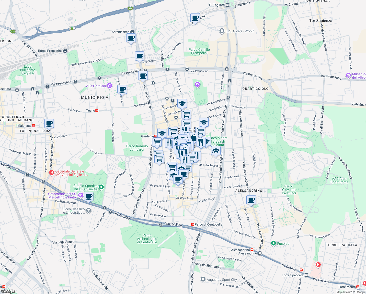 map of restaurants, bars, coffee shops, grocery stores, and more near 142 Via dei Castani in Rome