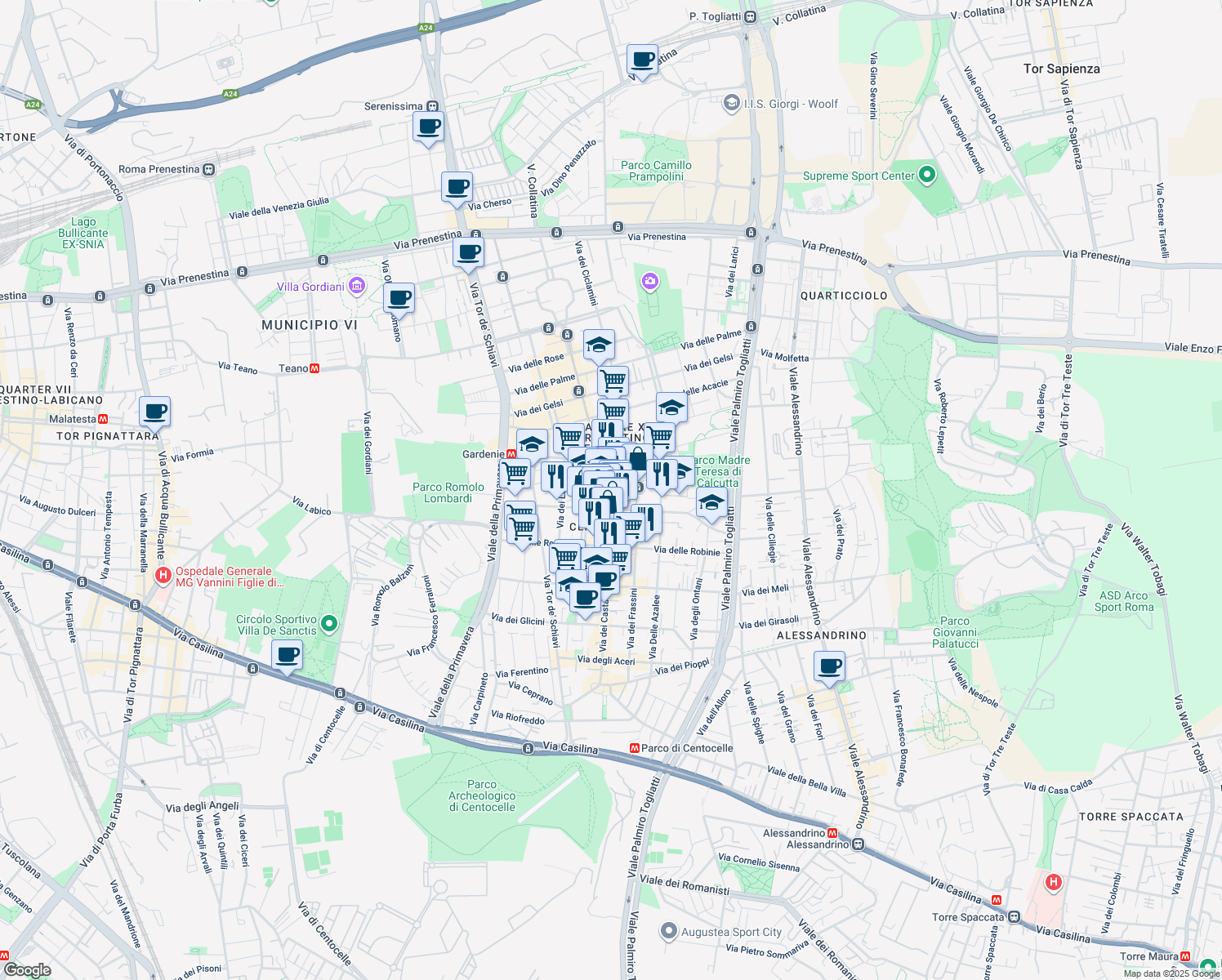 map of restaurants, bars, coffee shops, grocery stores, and more near 142 Via dei Castani in Rome