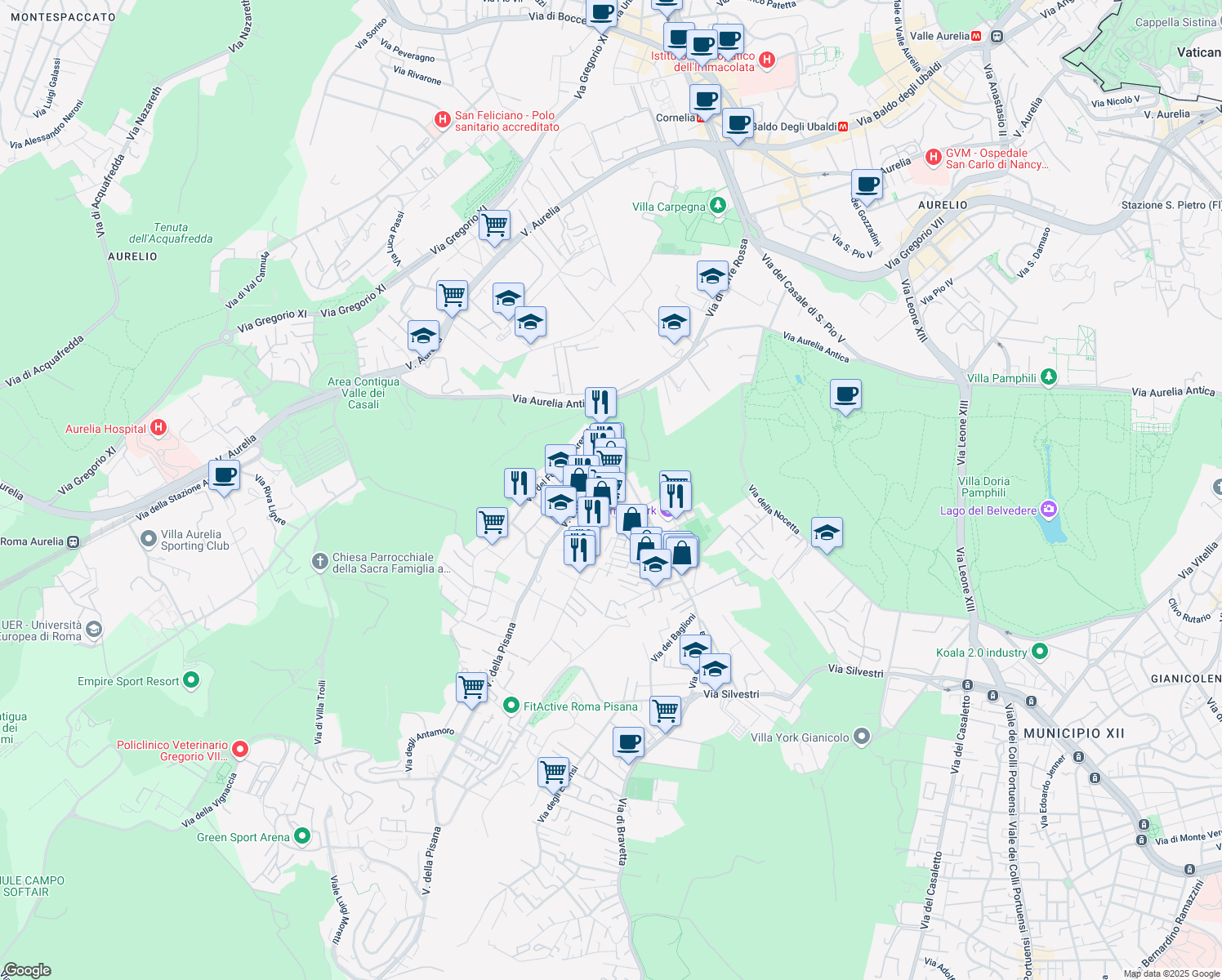 map of restaurants, bars, coffee shops, grocery stores, and more near 25b Via dei Gonzaga in Roma