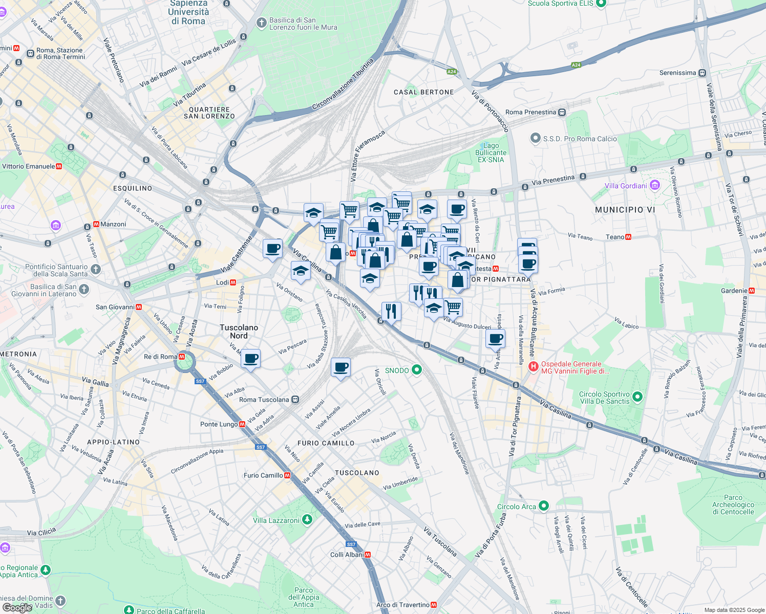 map of restaurants, bars, coffee shops, grocery stores, and more near 9 Via Cristoforo Buondelmonti in Roma