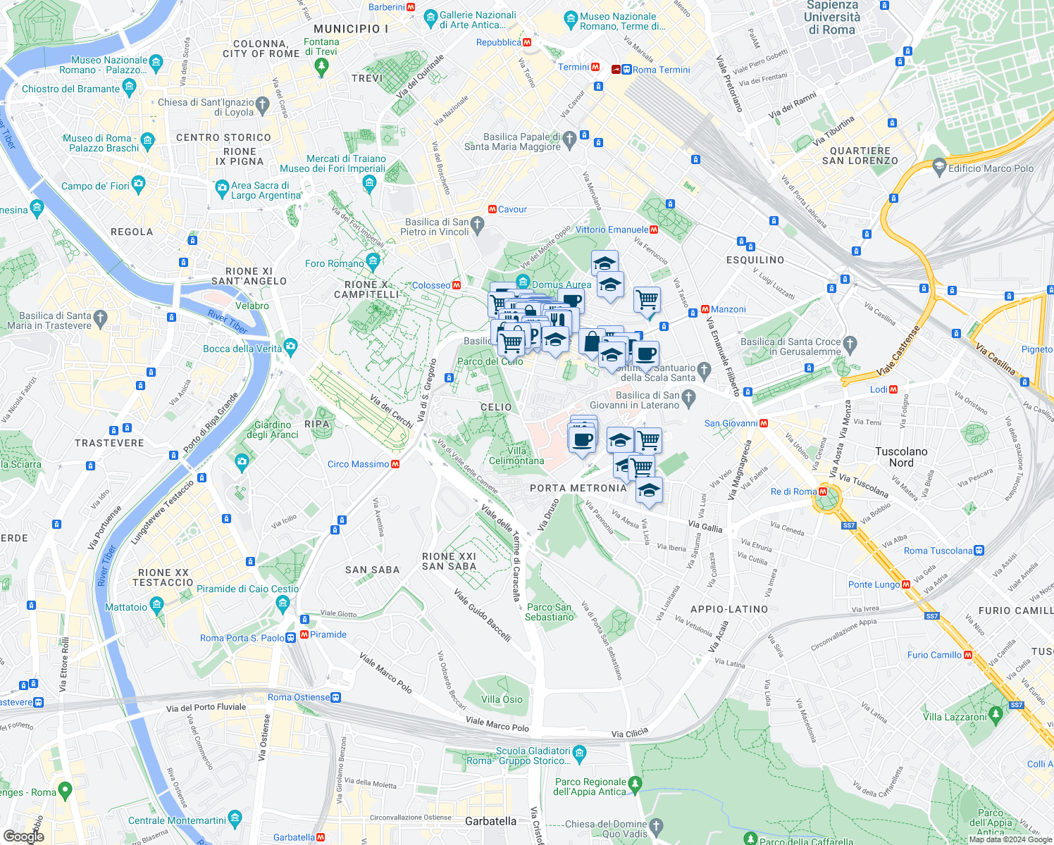 map of restaurants, bars, coffee shops, grocery stores, and more near 7 Via di Santo Stefano Rotondo in Rome