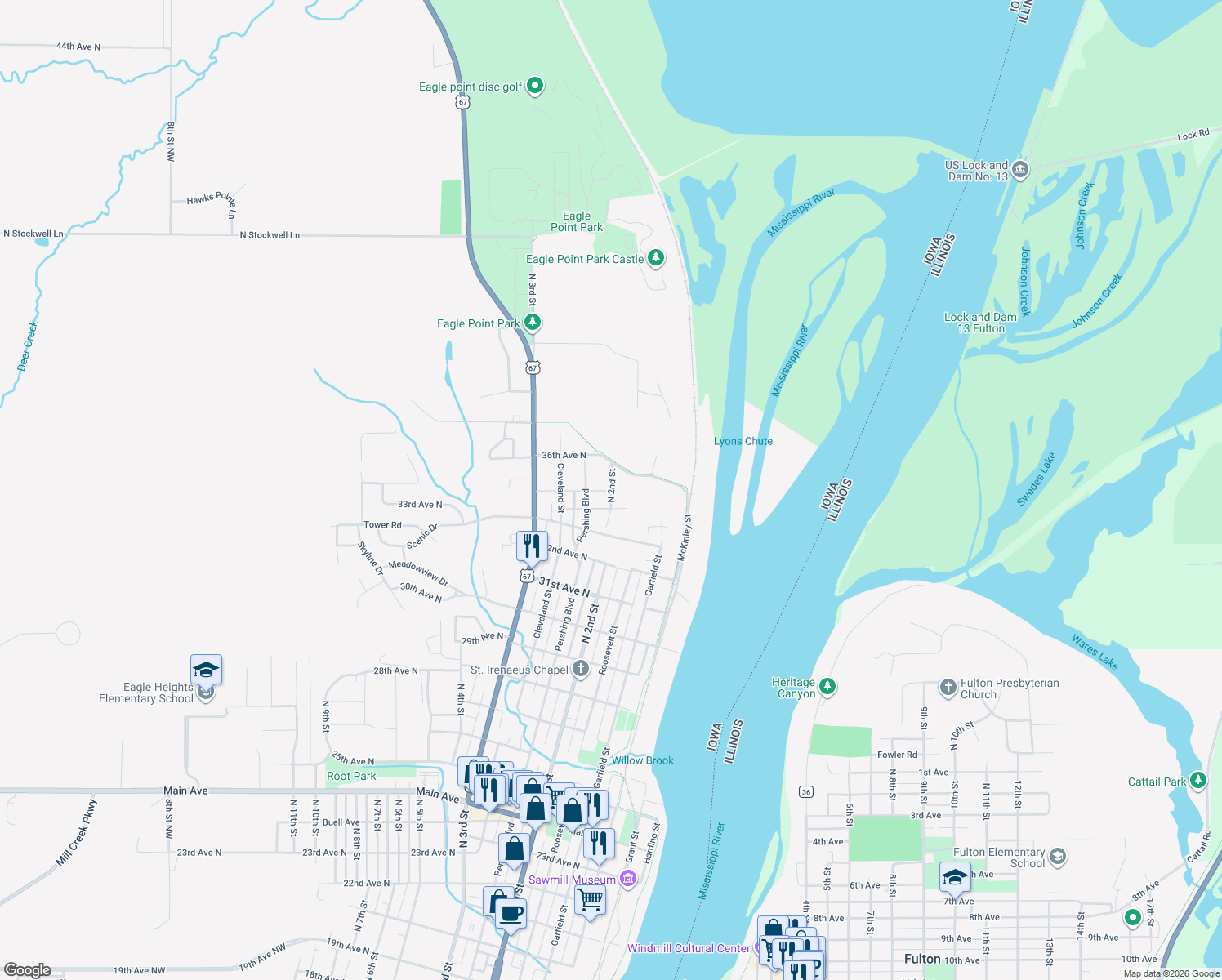 map of restaurants, bars, coffee shops, grocery stores, and more near 3501 North 2nd Street in Clinton