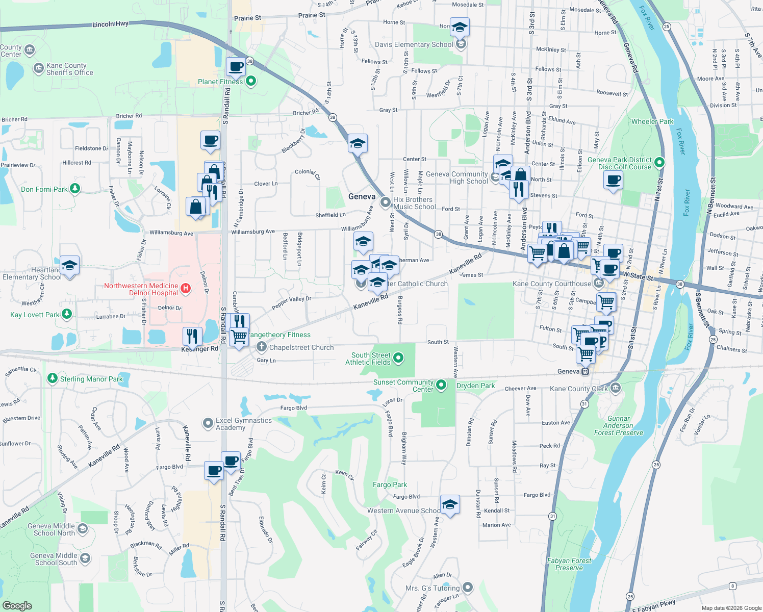 map of restaurants, bars, coffee shops, grocery stores, and more near 1750 Kaneville Road in Geneva