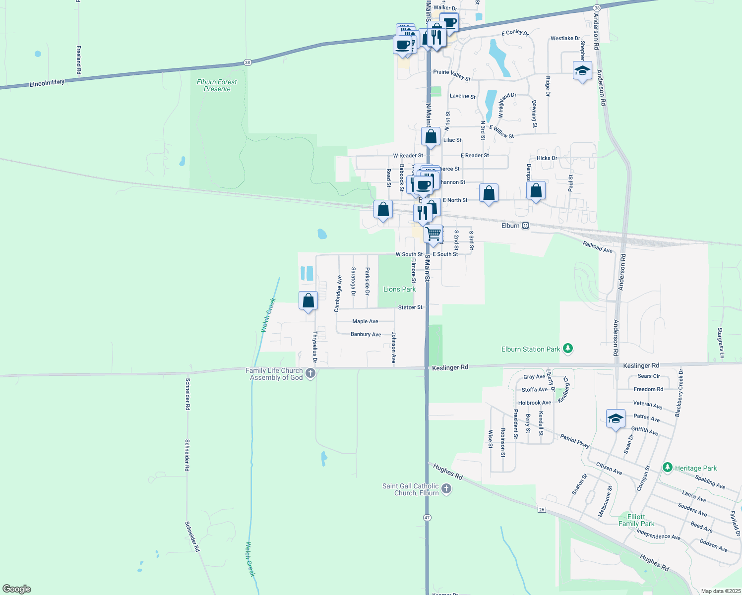 map of restaurants, bars, coffee shops, grocery stores, and more near 549 Parkside Drive in Elburn