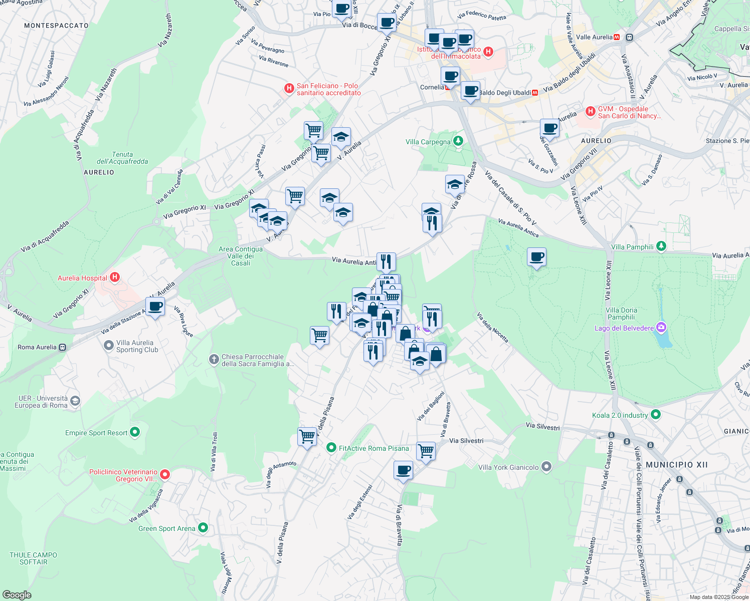 map of restaurants, bars, coffee shops, grocery stores, and more near 65 Via del Fontanile Arenato in Rome